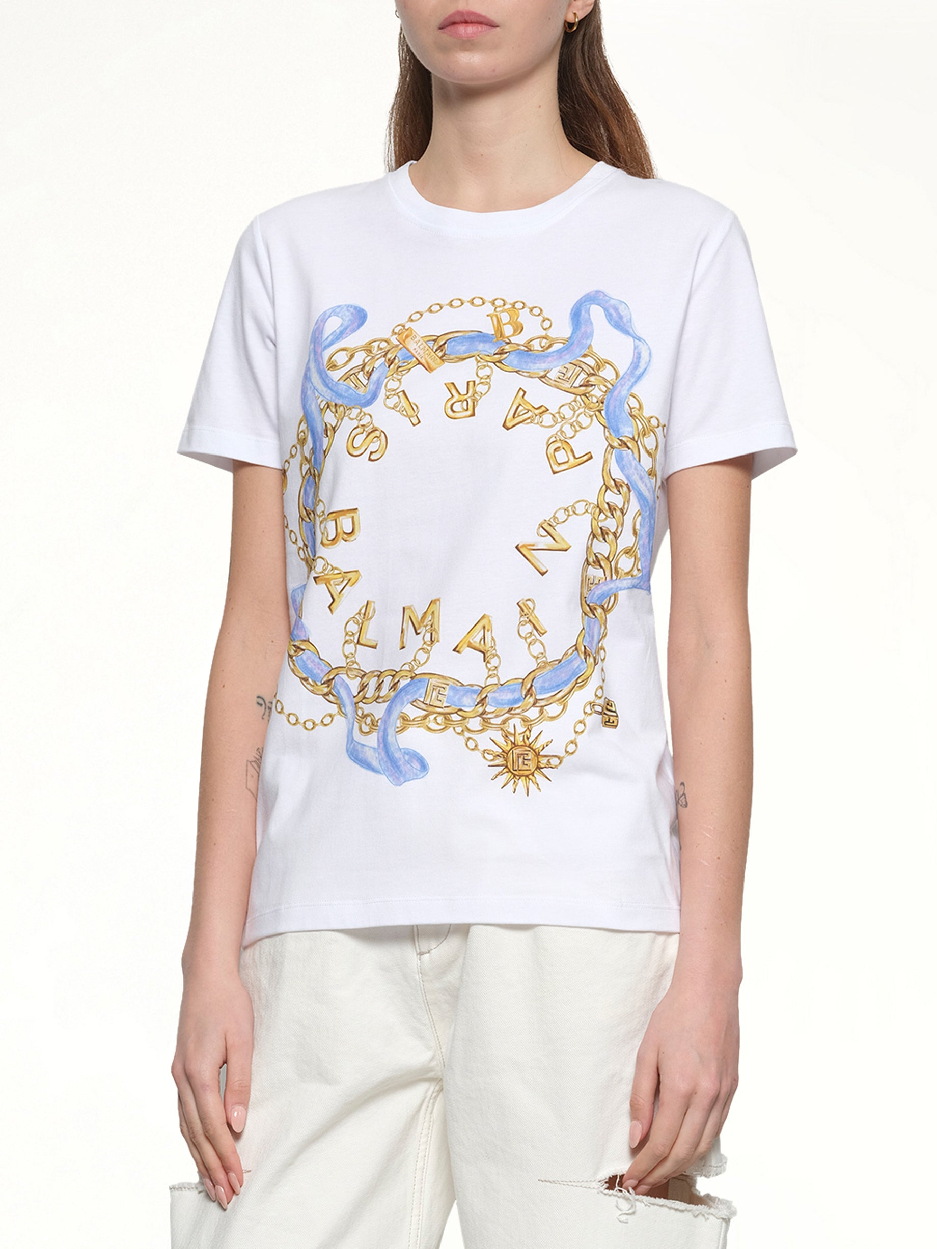 Balmain Paris Chain T-Shirt in White/Blue/Gold - 6