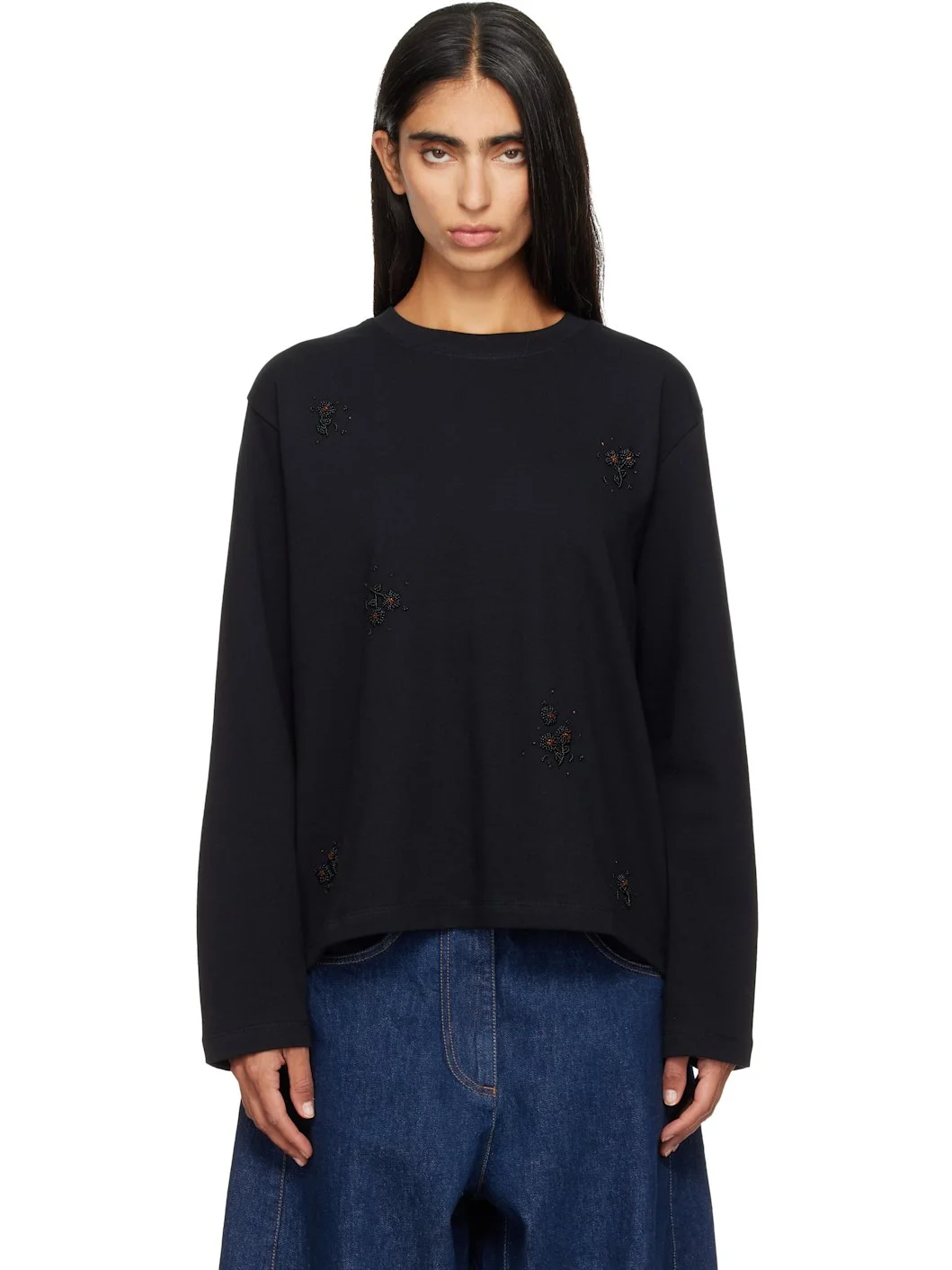 Black Embellished Long-Sleeve T-shirt - 1