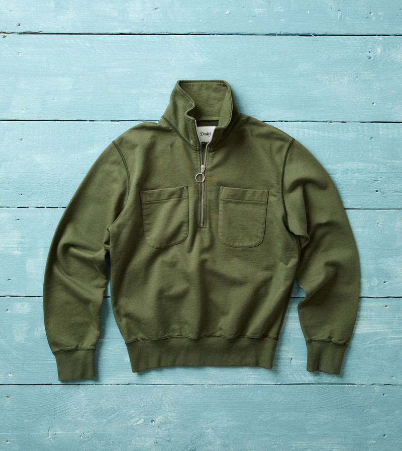 Khaki Green Cotton Quarter Zip Collared Sweatshirt - 1