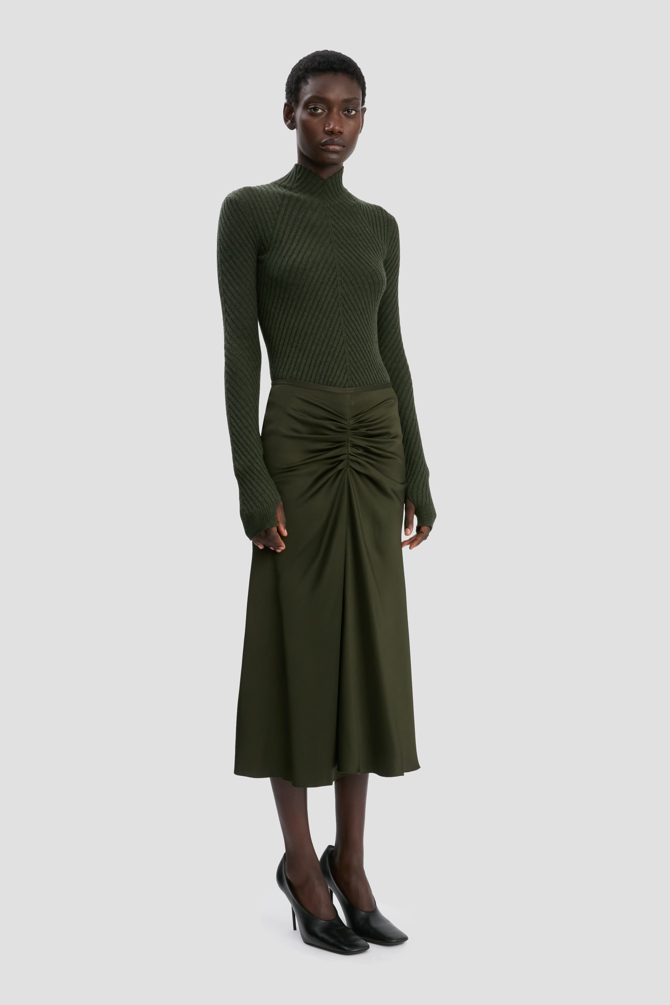 Gathered Waist Midi Skirt In Dark Olive - 3
