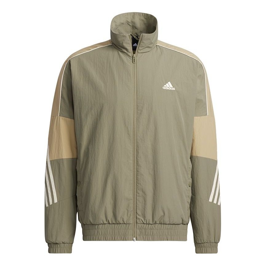 Men's adidas Si Wov Jkt Contrasting Colors Sports Stand Collar Logo Jacket Autumn Olive GT6357 - 1