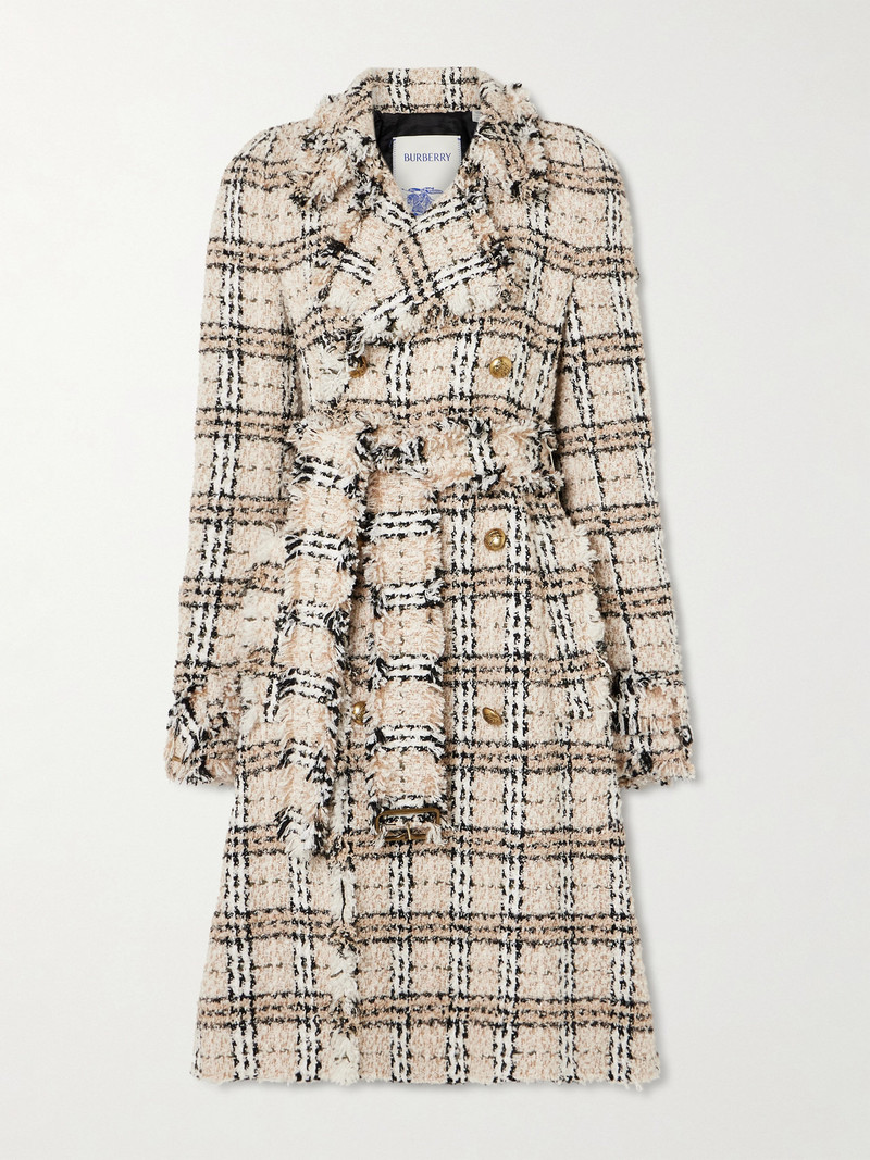 Double-breasted Belted Frayed Metallic Tweed Coat 1