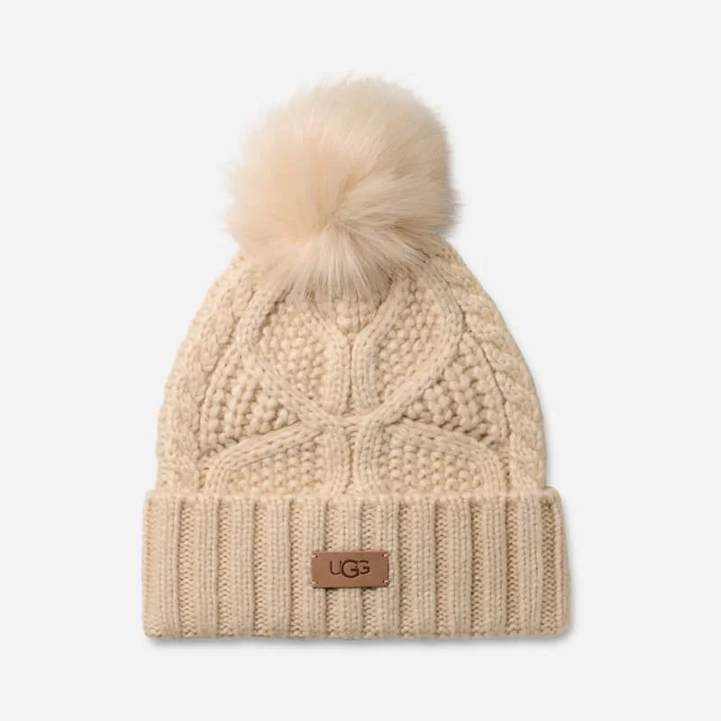 ® Women's Cable Beanie With Pom Knit/Faux Fur in Cream - 1