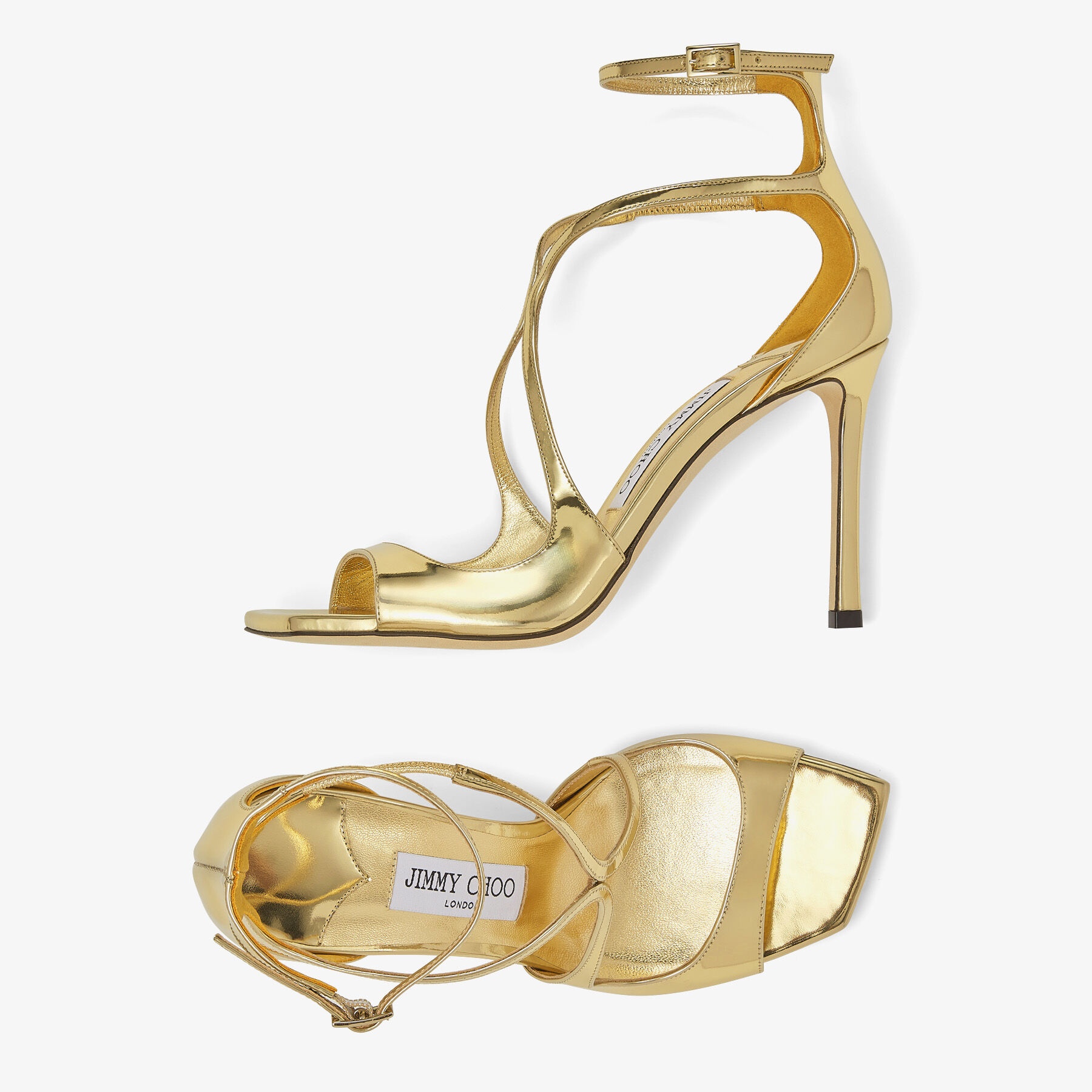 パーティーシューズ JIMMY CHOO AZIA95 SUEDE SANDAL HONY GOLD AZIA 95 | Gold Metallic Snake Printed Leather Sandals