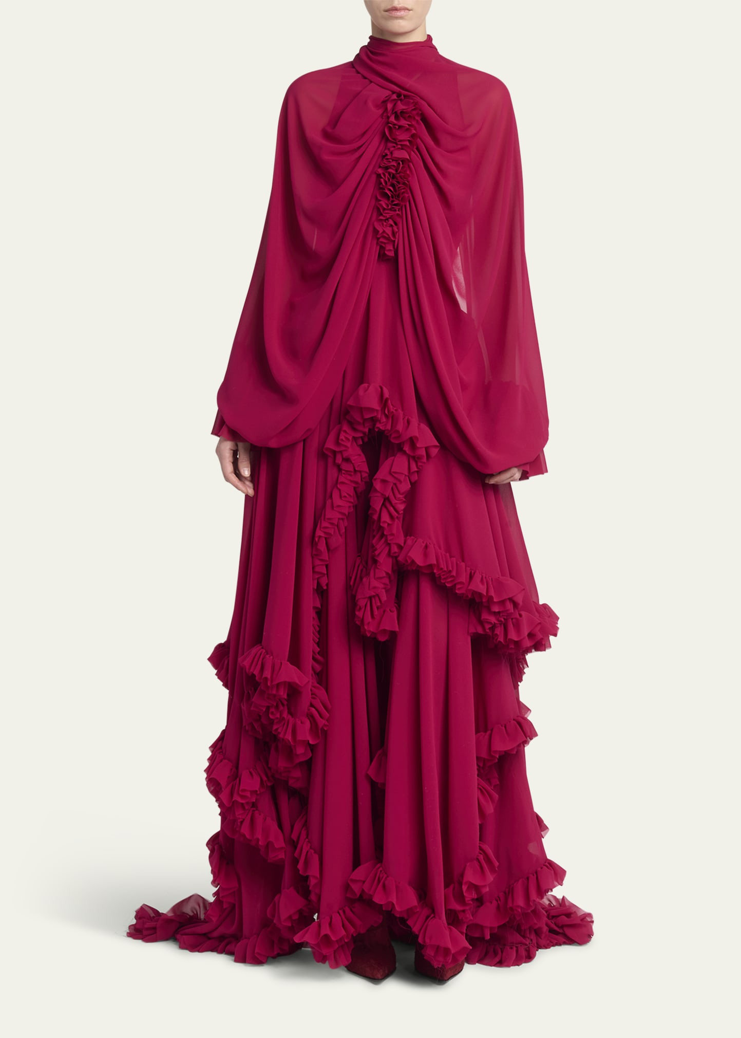 Draped Open-Back Ruffle Cape Gown - 2