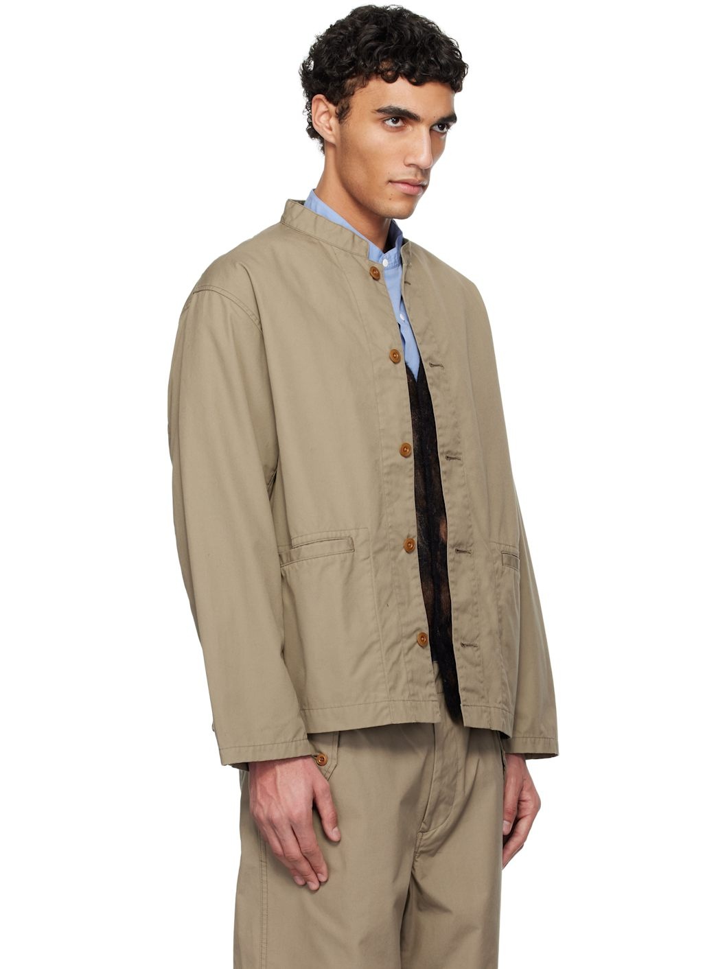 Taupe Band Collar Shirt Jacket - 2