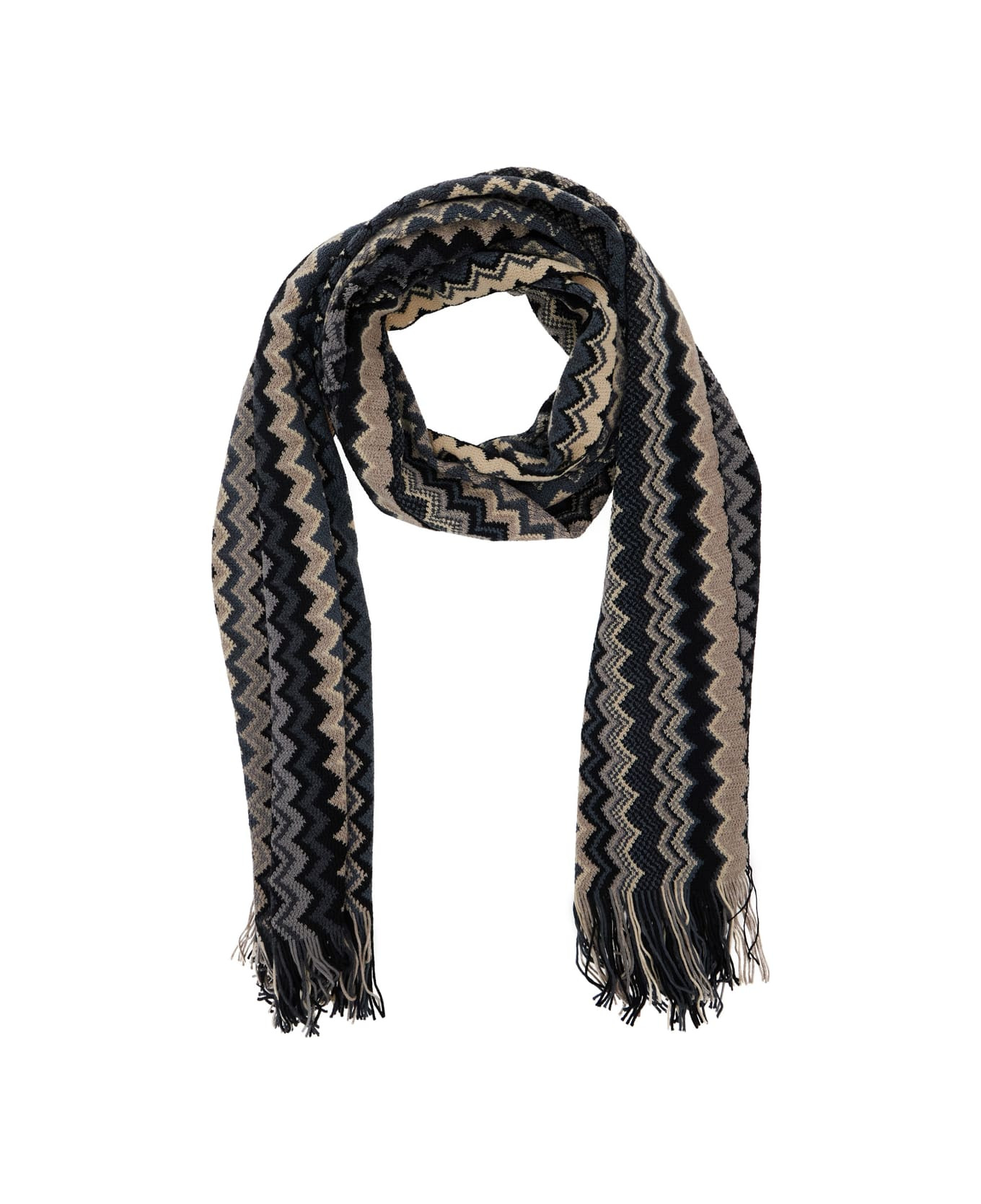 Multicolor Scarf With Zigzag Motif And Fringed Hem In Wool Man - 2