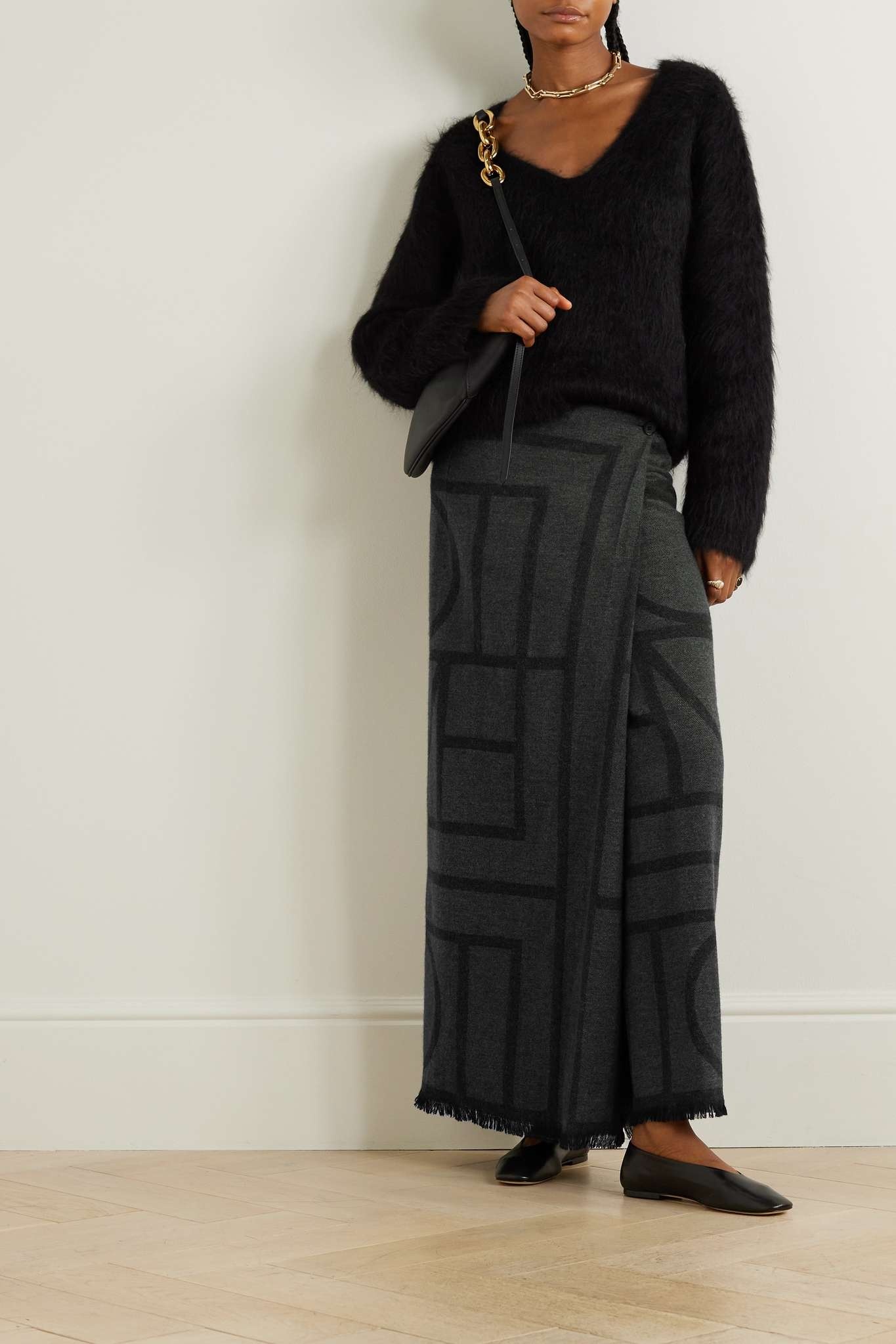 Frayed printed wool-twill maxi wrap skirt - 2