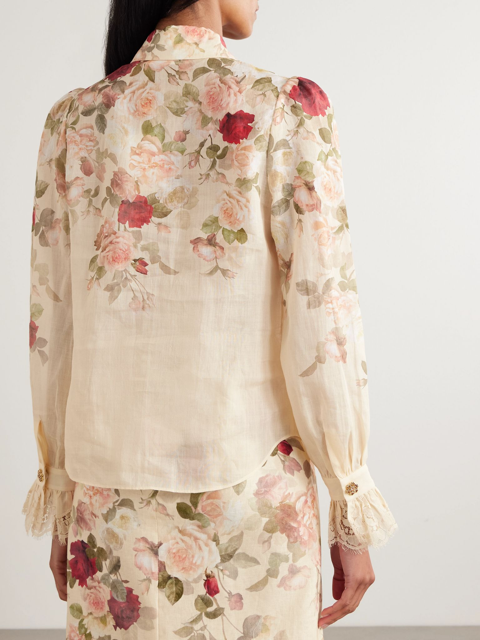 Lace-trimmed floral-print ramie shirt Cream - 4