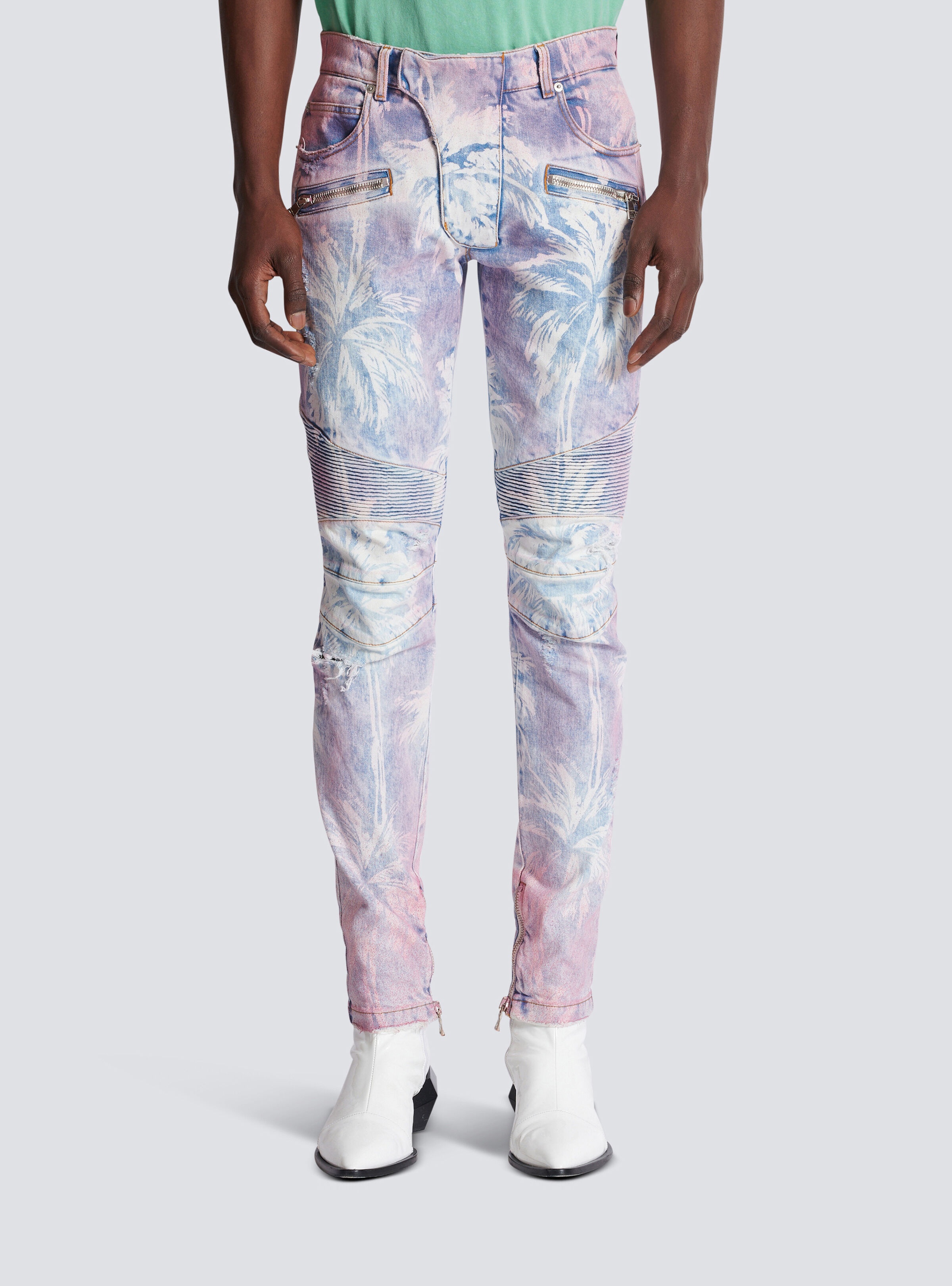 Denim biker jeans with a palm tree print - 5