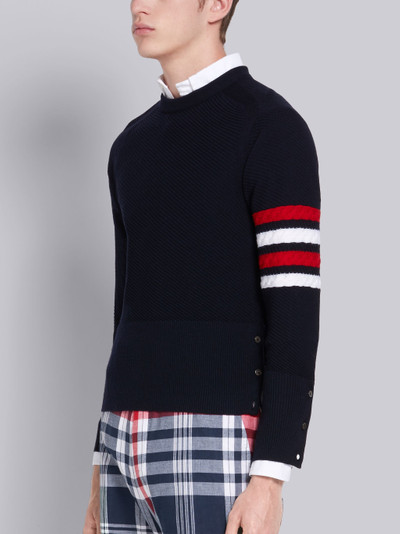 Thom Browne Navy Fine Merino Wool Diagonal Stitch Crewneck 4-Bar Pullover outlook