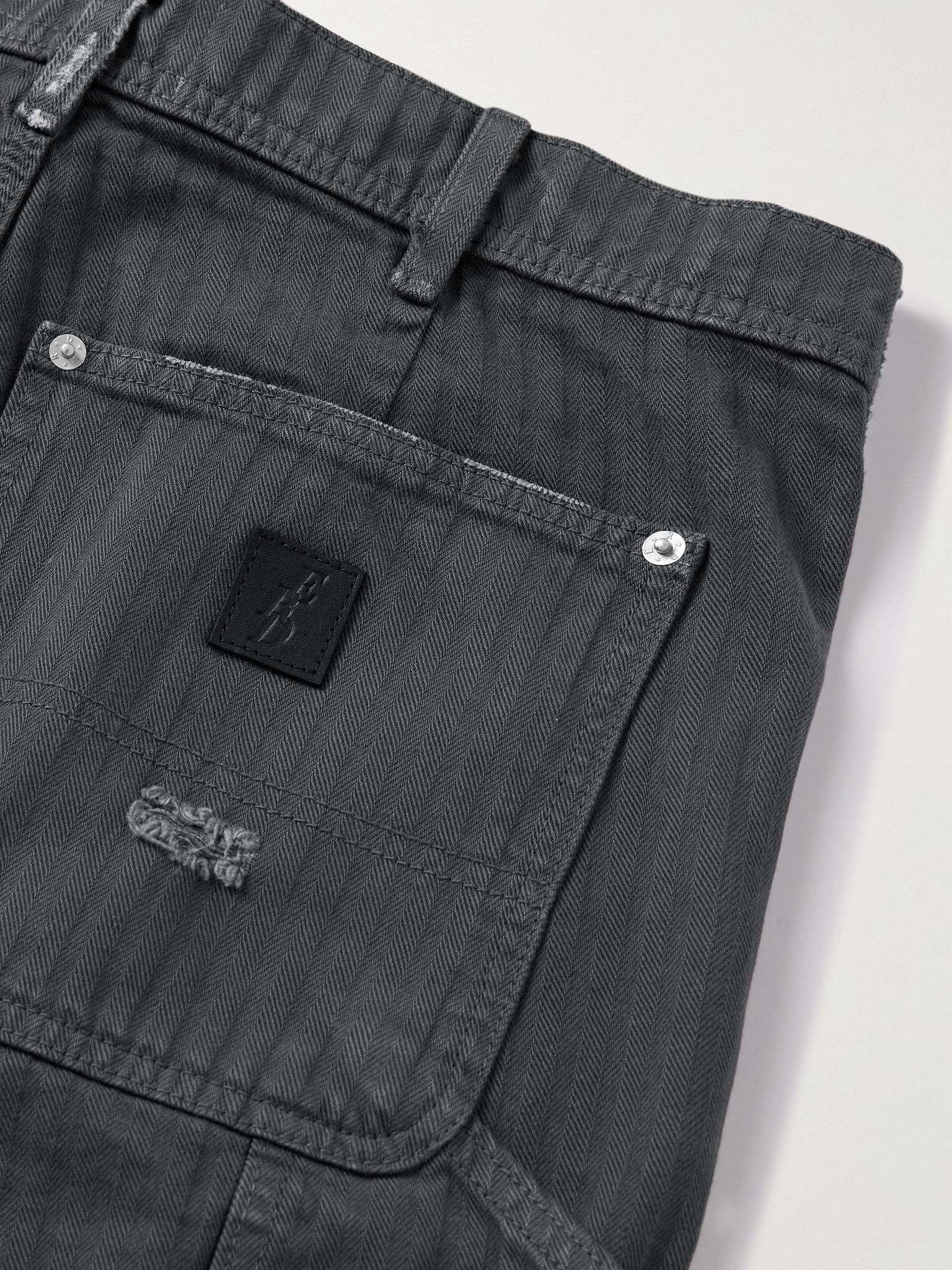 Slim-Fit Distressed Herringbone Denim Shorts Black - 5
