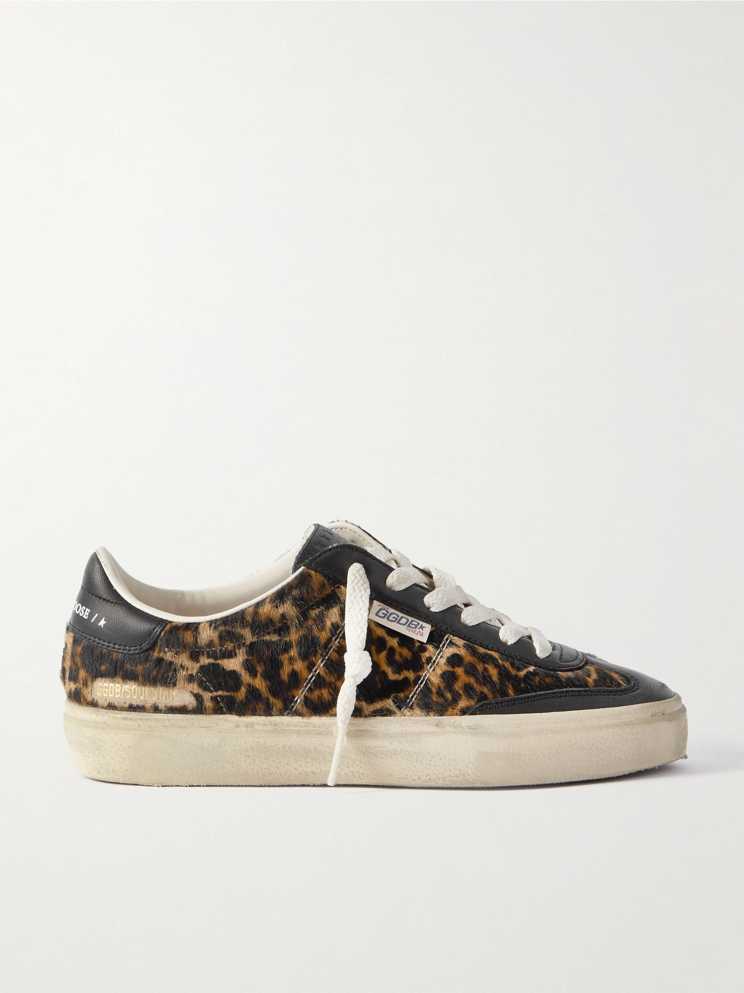 Soul-Star distressed leather-trimmed leopard-print calf hair sneakers Leopard print - 1