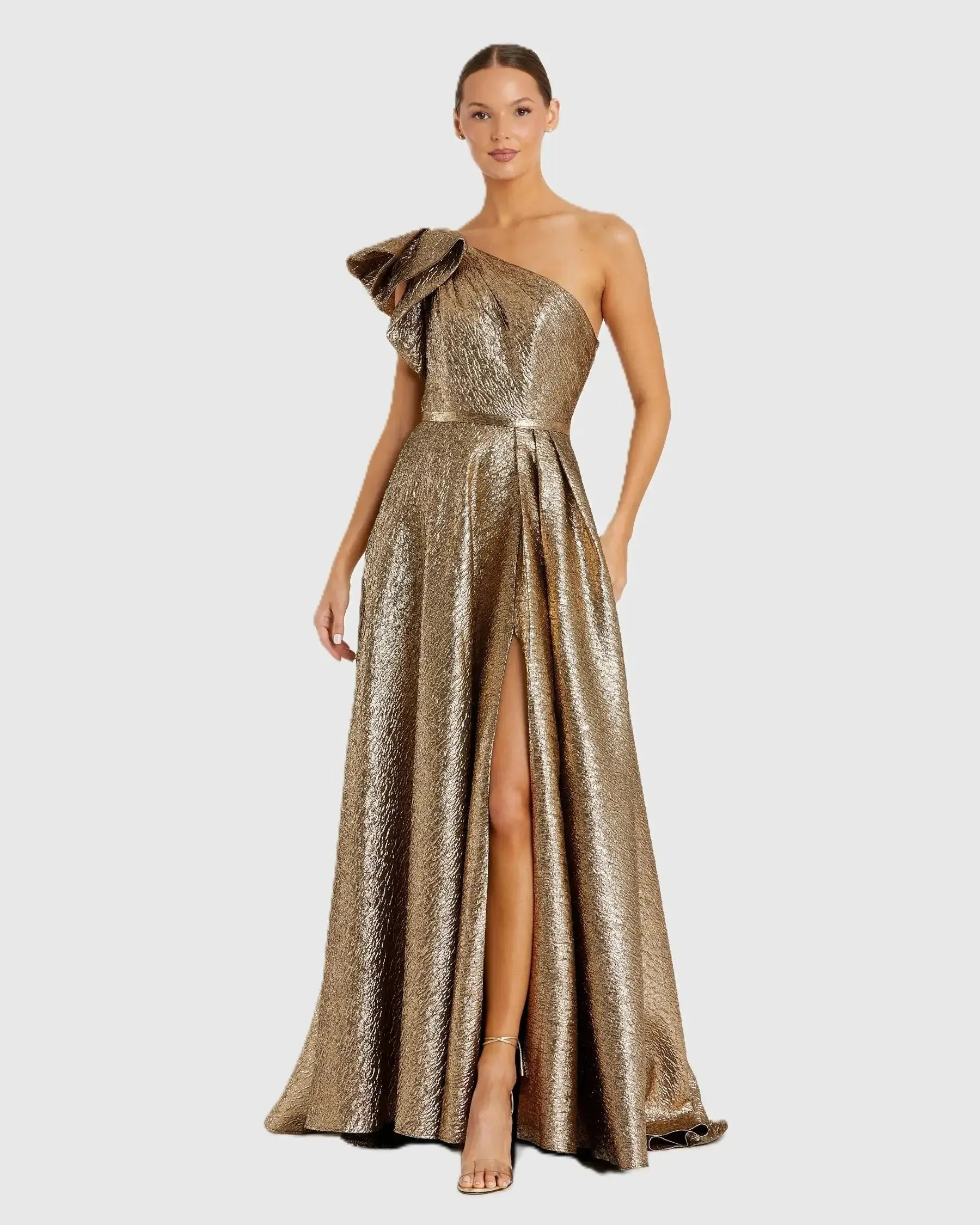 Gold One Shoulder Metallic Ball Gown - 1