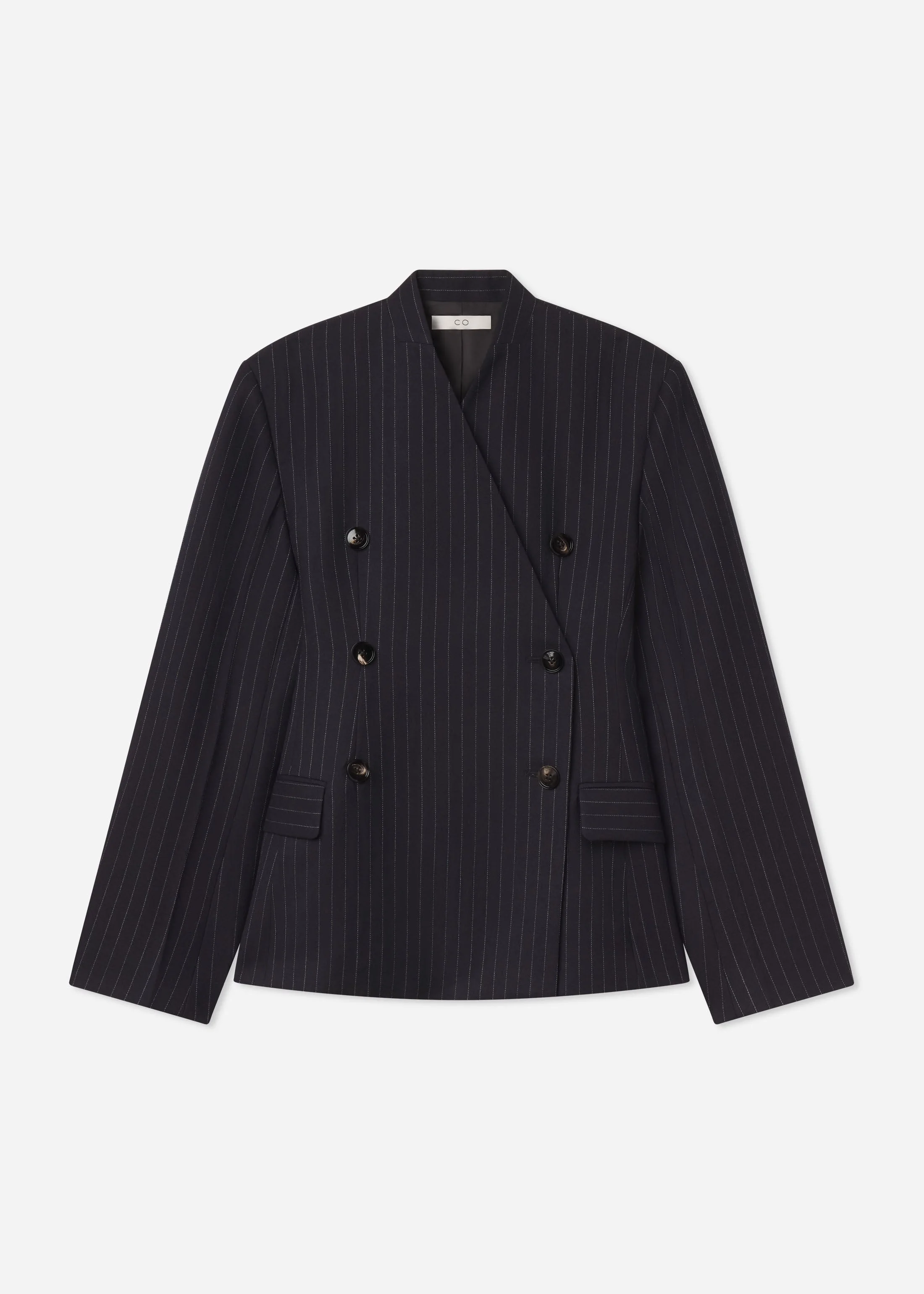 Double Breasted Collarless Blazer in Pinstripe Wool - 1