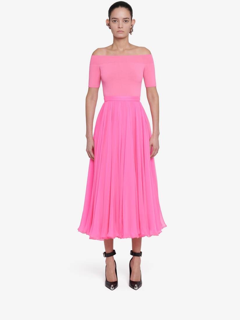 Women's Pleated Midi Skirt in Psychedelic Pink - 5