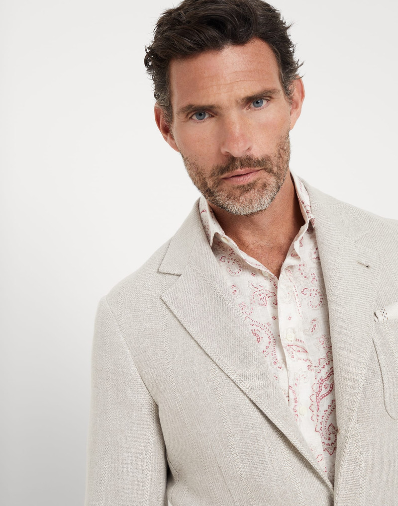 Linen, silk, wool and cotton textured chalk stripe deconstructed blazer with patch pockets 3