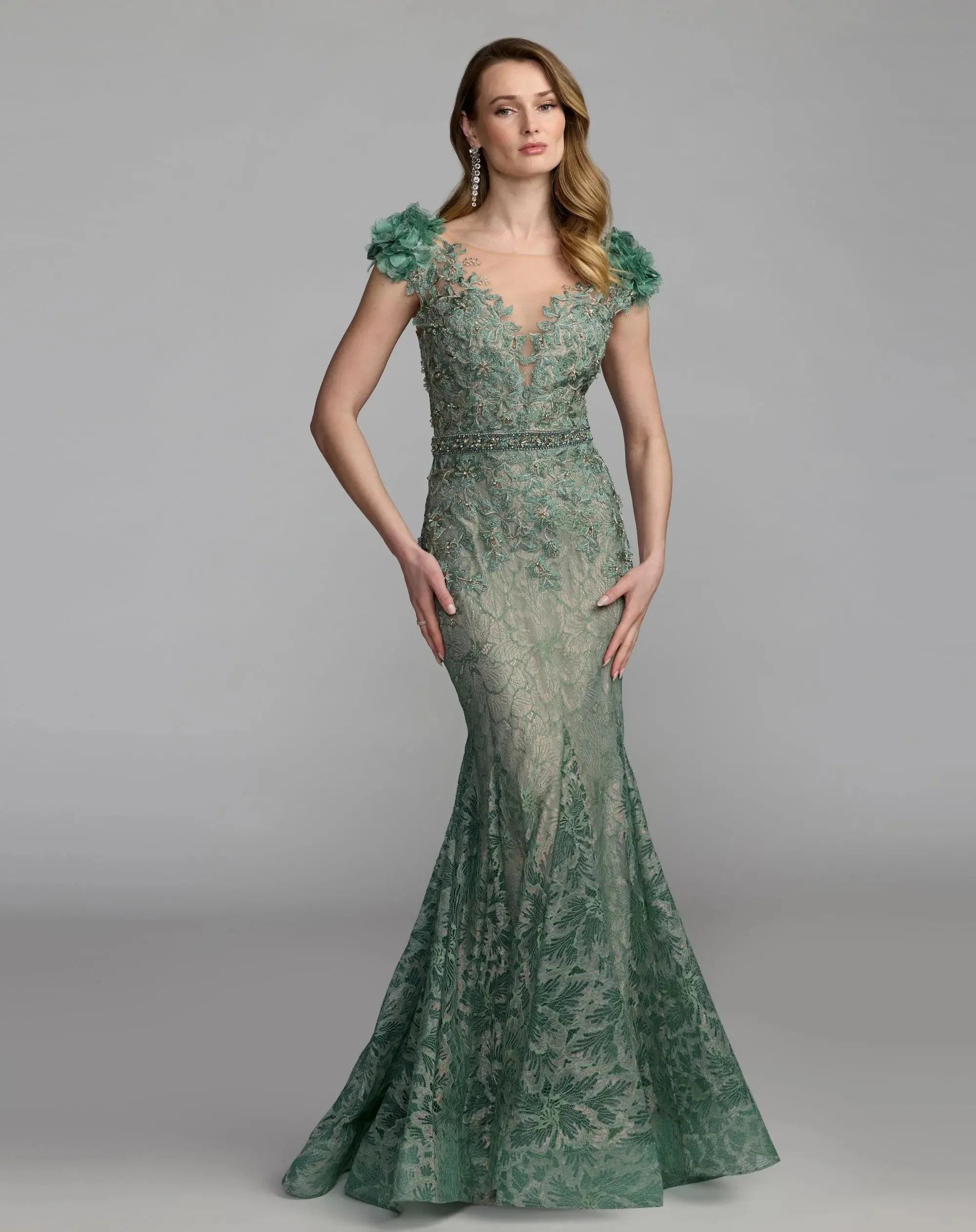 Sage Embellished Lace Illusion Neck Gown With 3D Flowers - 1