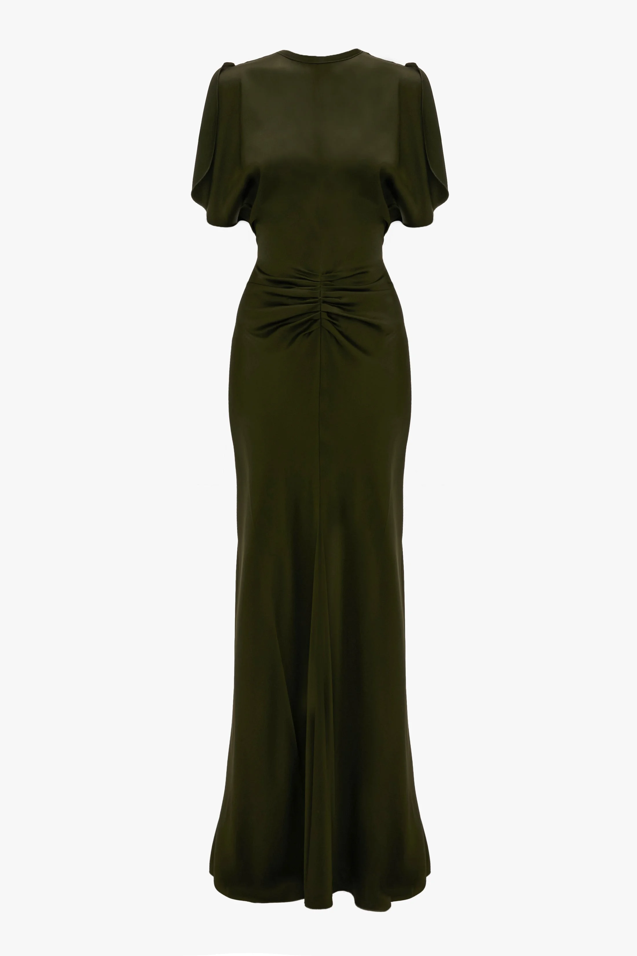 Gathered Waist Floor-Length Dress In Dark Olive - 1