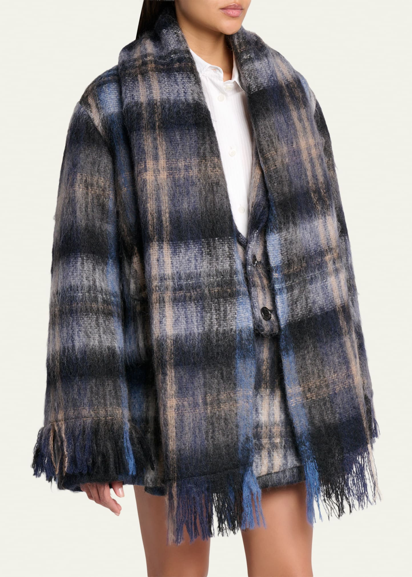 Check Alpaca Fringe Scarf Jacket - 4
