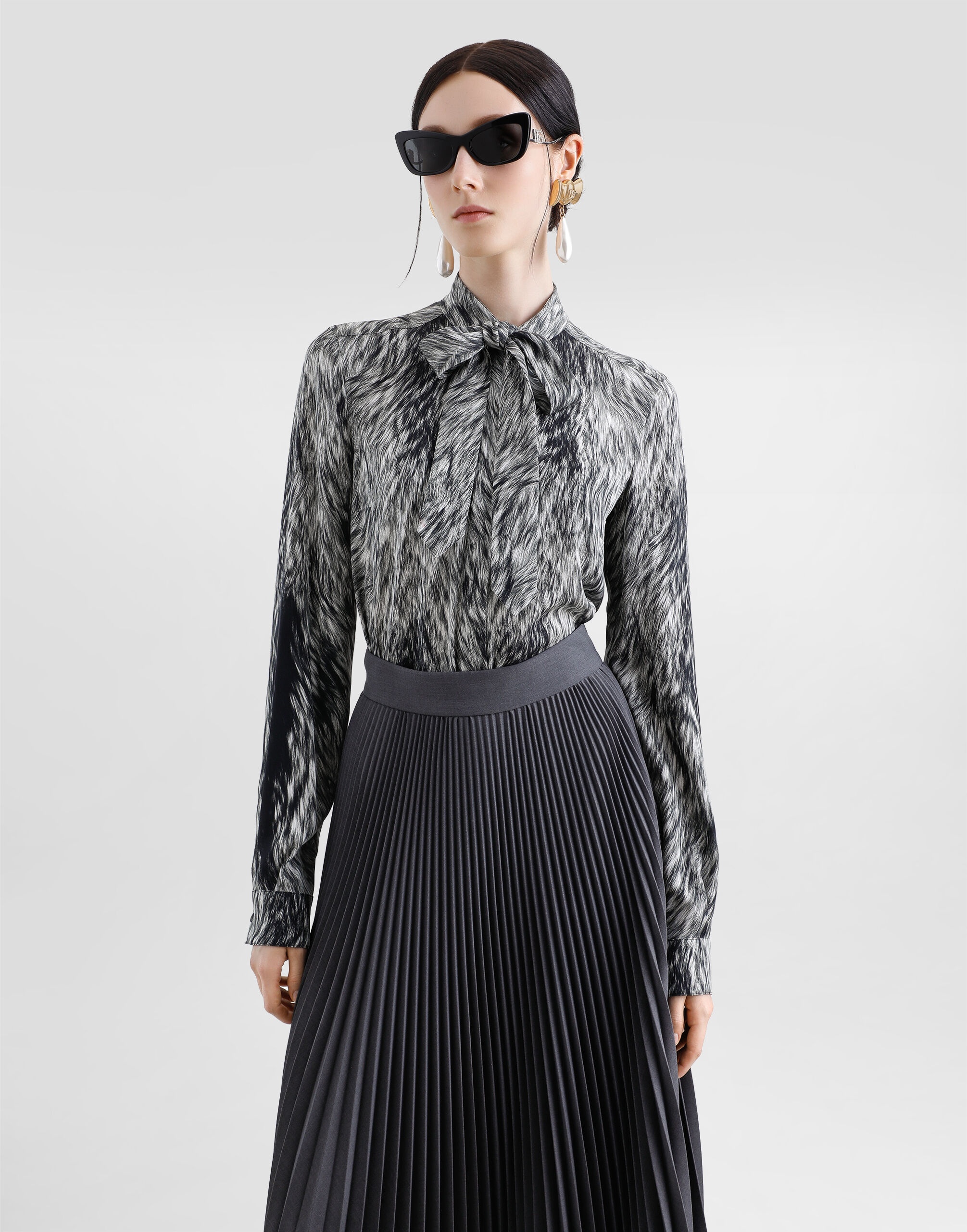 Fur-print charmeuse shirt with pussy-bow - 4