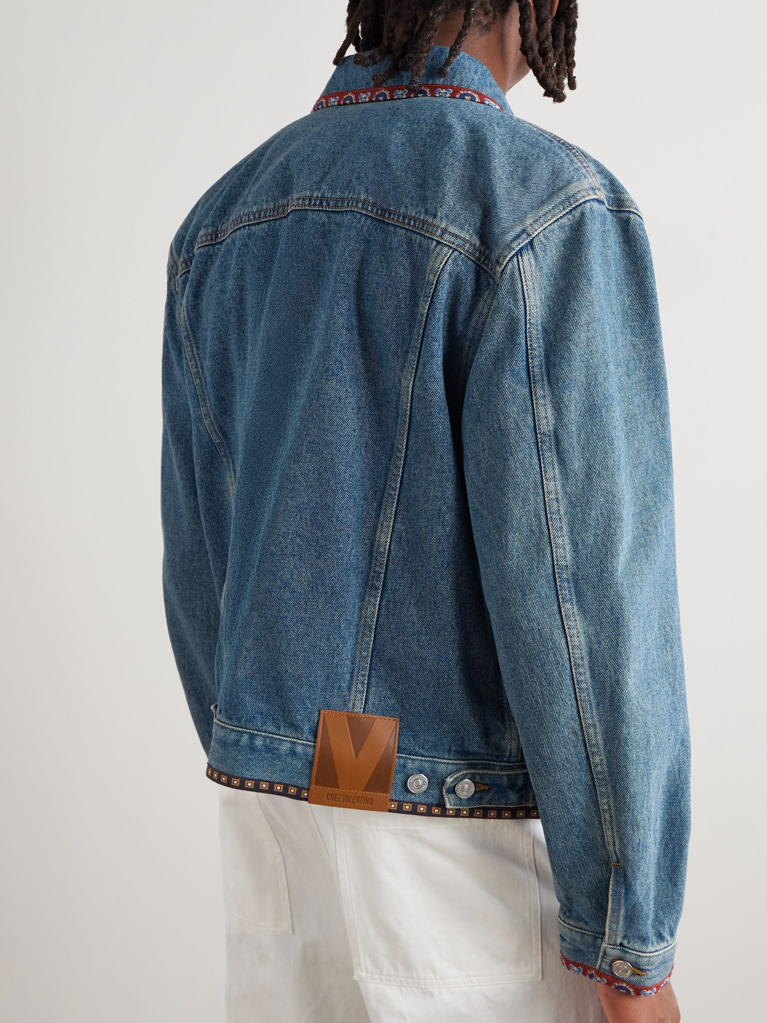 Bead-Embellished Floral-Trimmed Denim Jacket Blue - 3