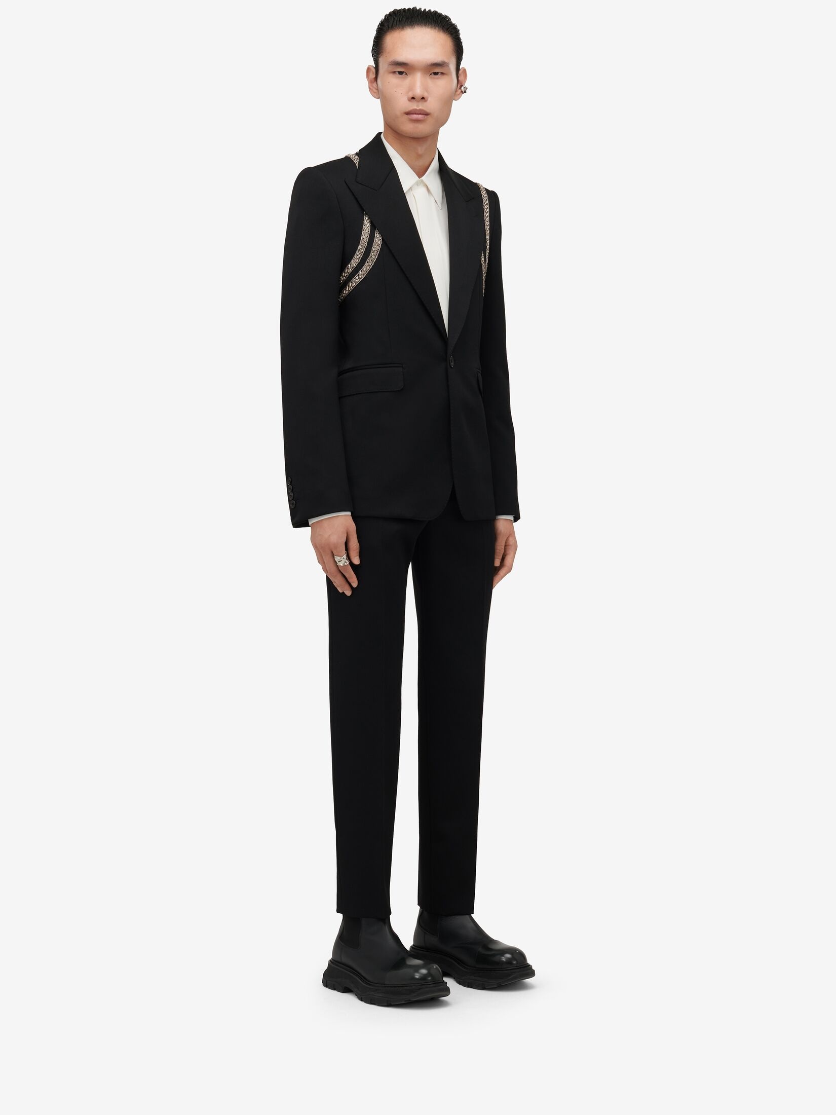 Men's Embroidered Harness Single-breasted Jacket in Black - 3
