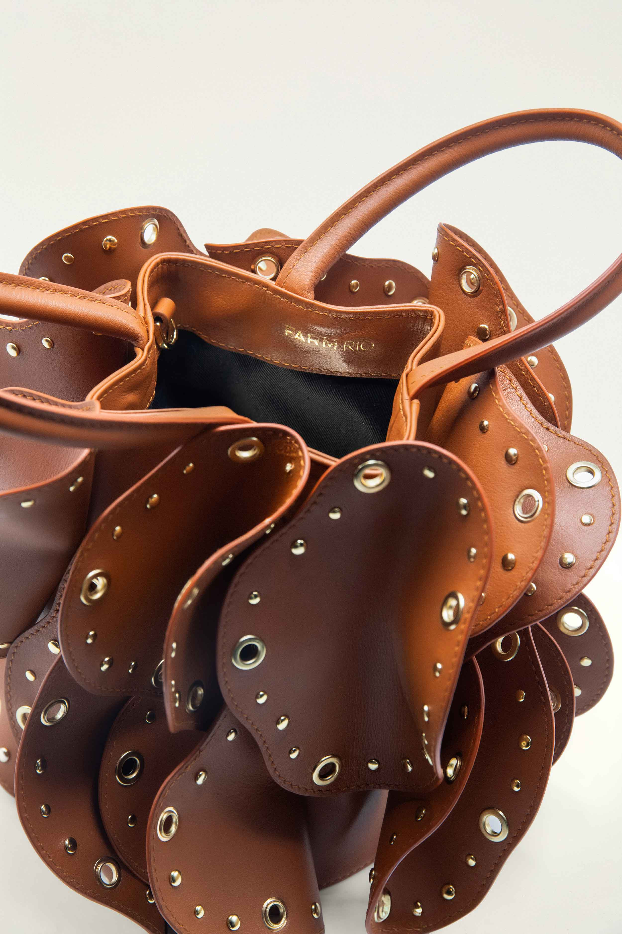 Brown Leather Studded Flower Bag - 6
