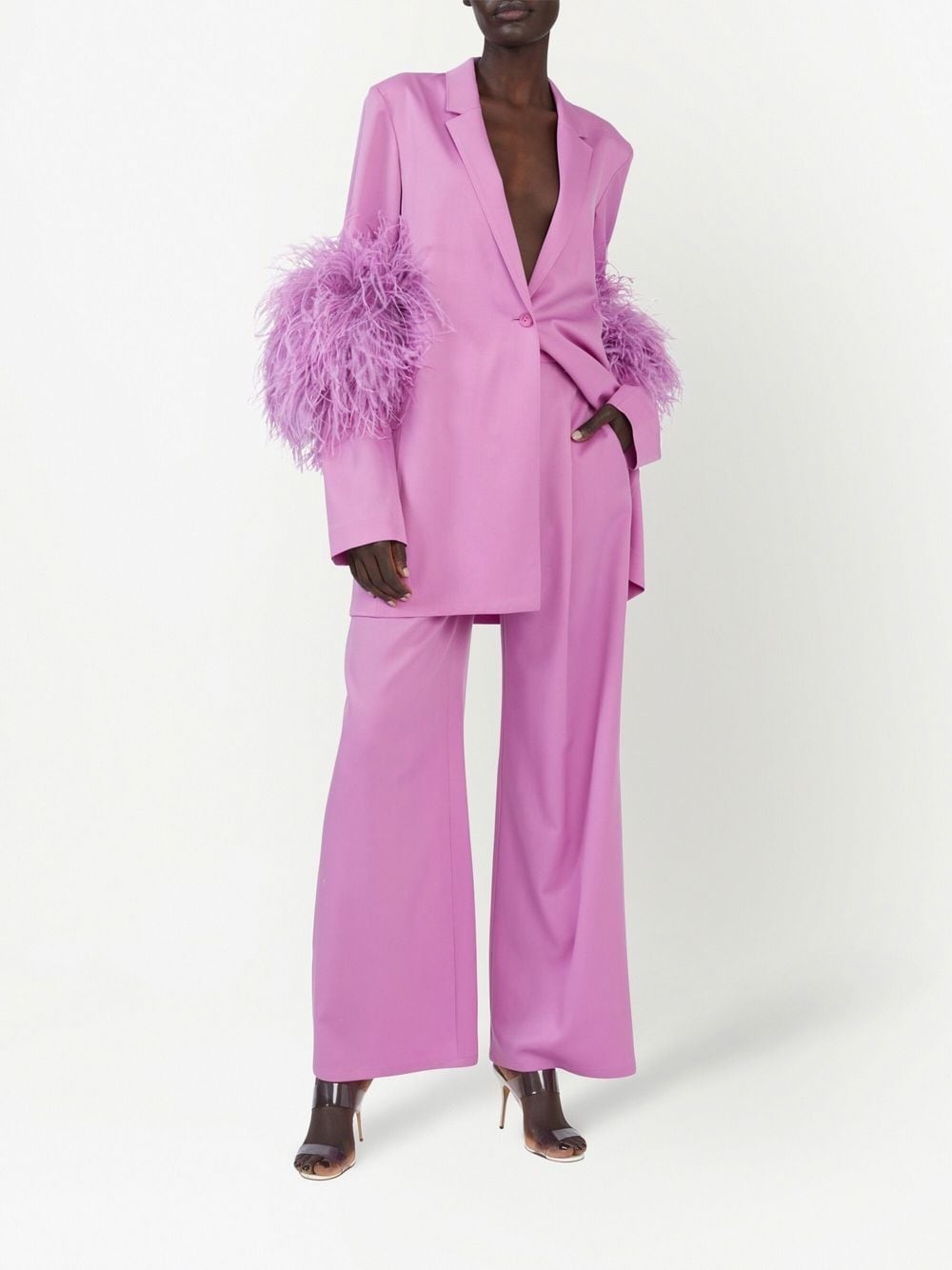 feather-trim single-breasted blazer - 2