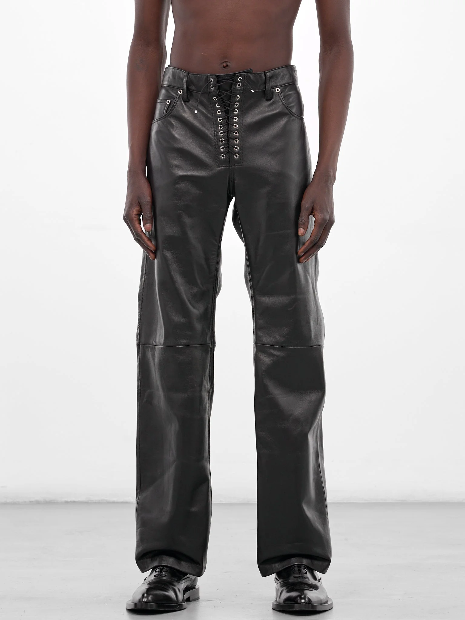 Black Leather Lace-Up Trousers - 1