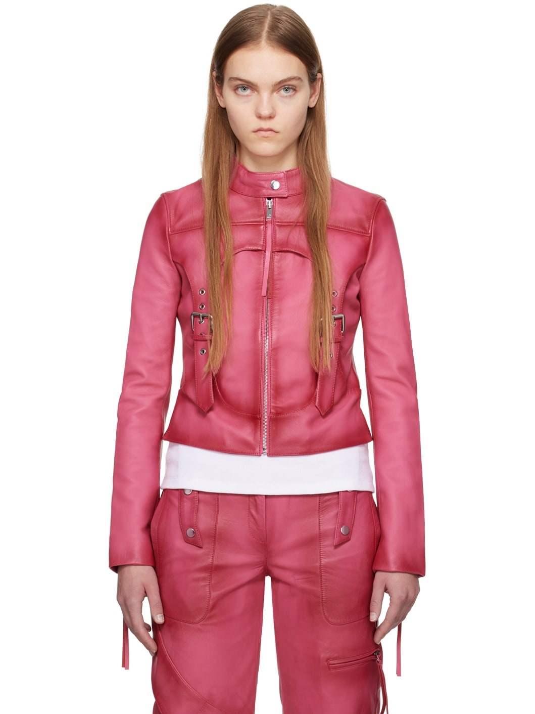 Pink Guêpière Leather Biker Jacket - 1