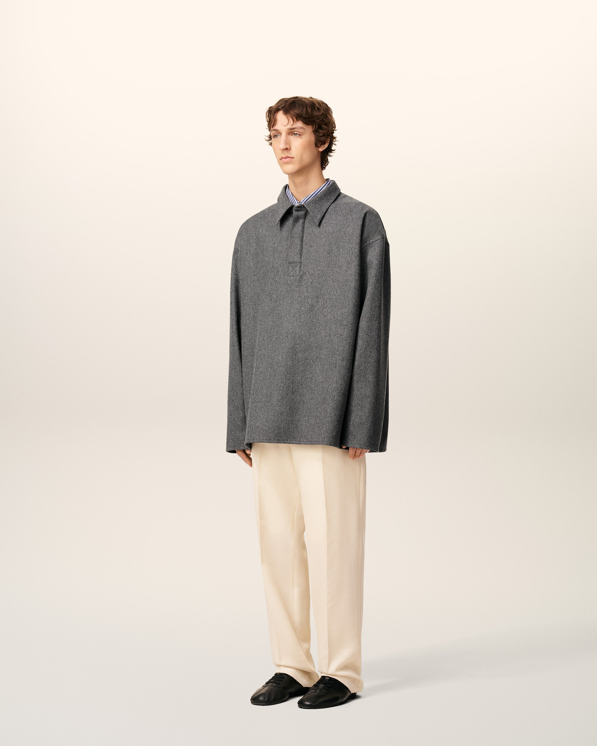 GREY WOOL  LONG  SLEEVES POLO SHIRT - 6