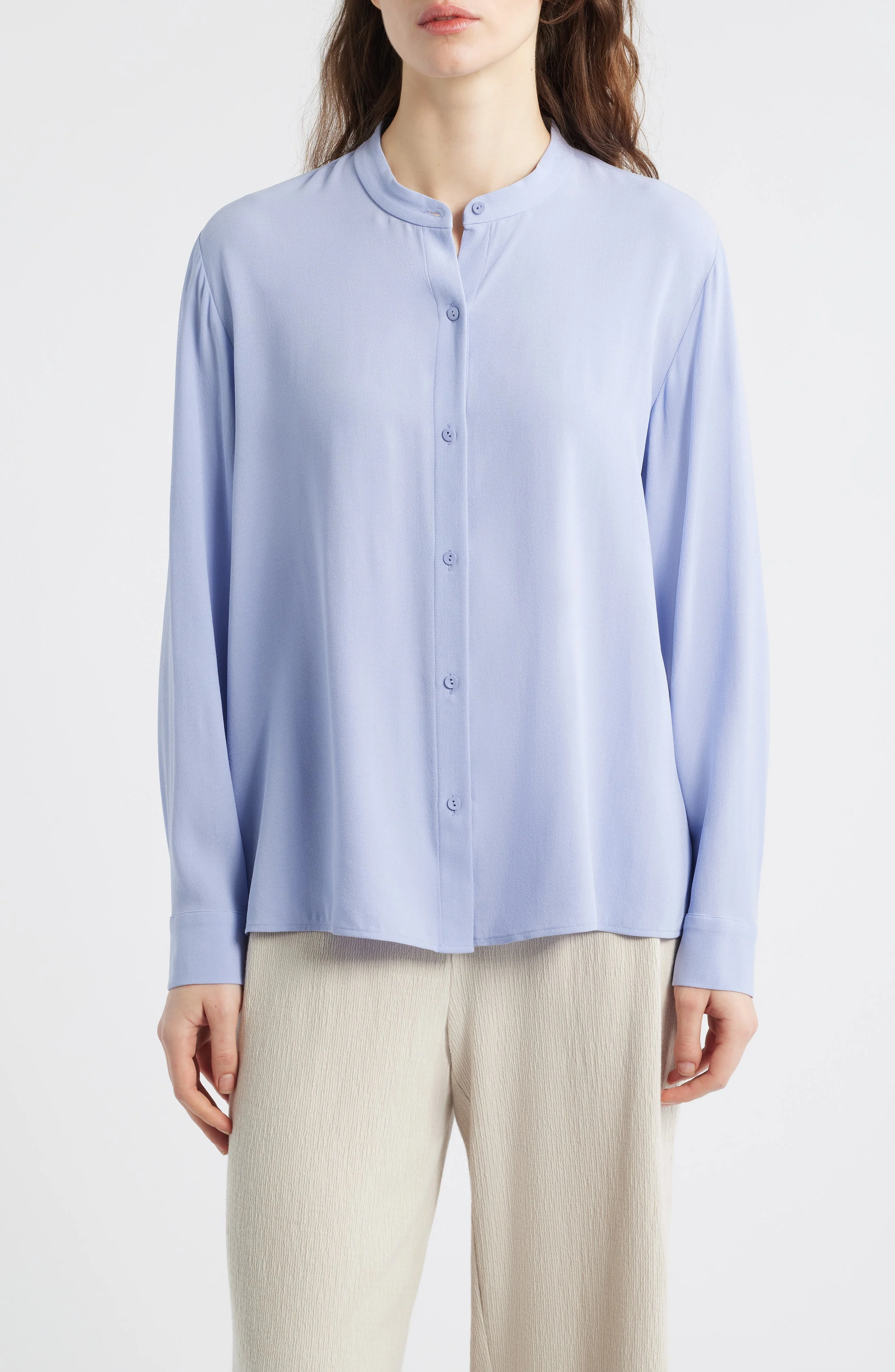 Eileen Fisher Mandarin Collar Silk Button-Up Shirt in Plume at Nordstrom - 1