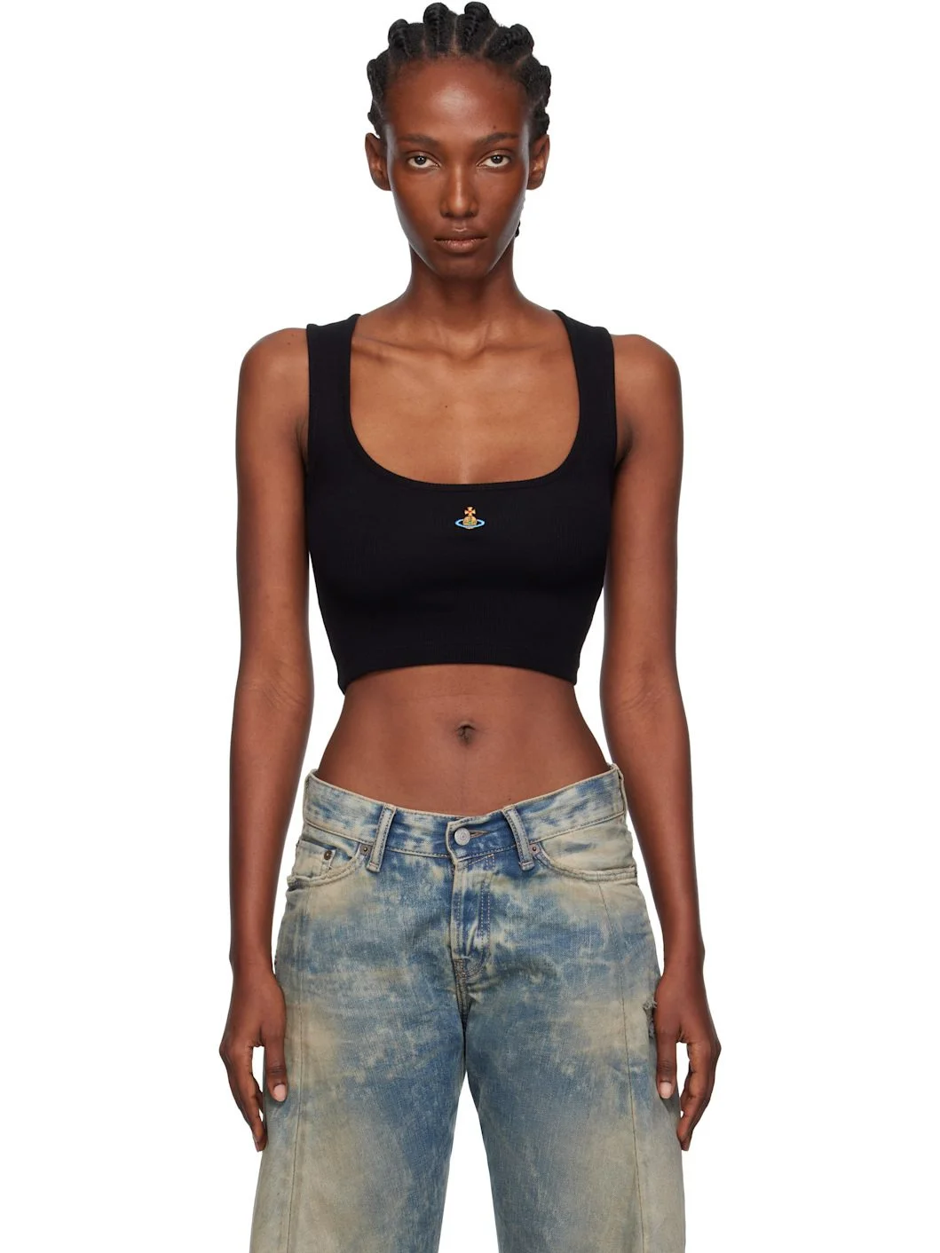 Black Cropped Rib Tank Top - 1