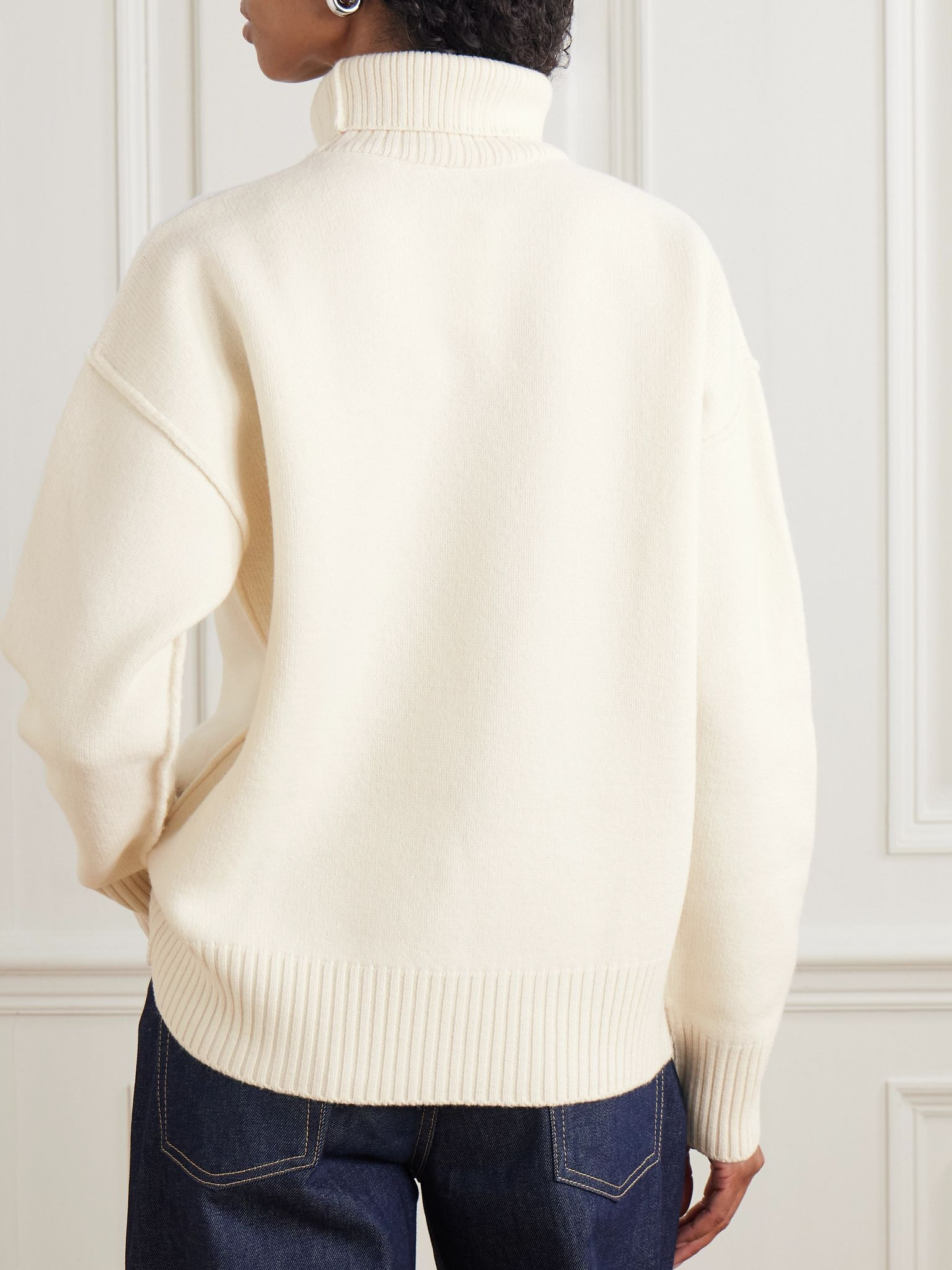 Oversized intarsia-knit wool turtleneck sweater Cream - 4