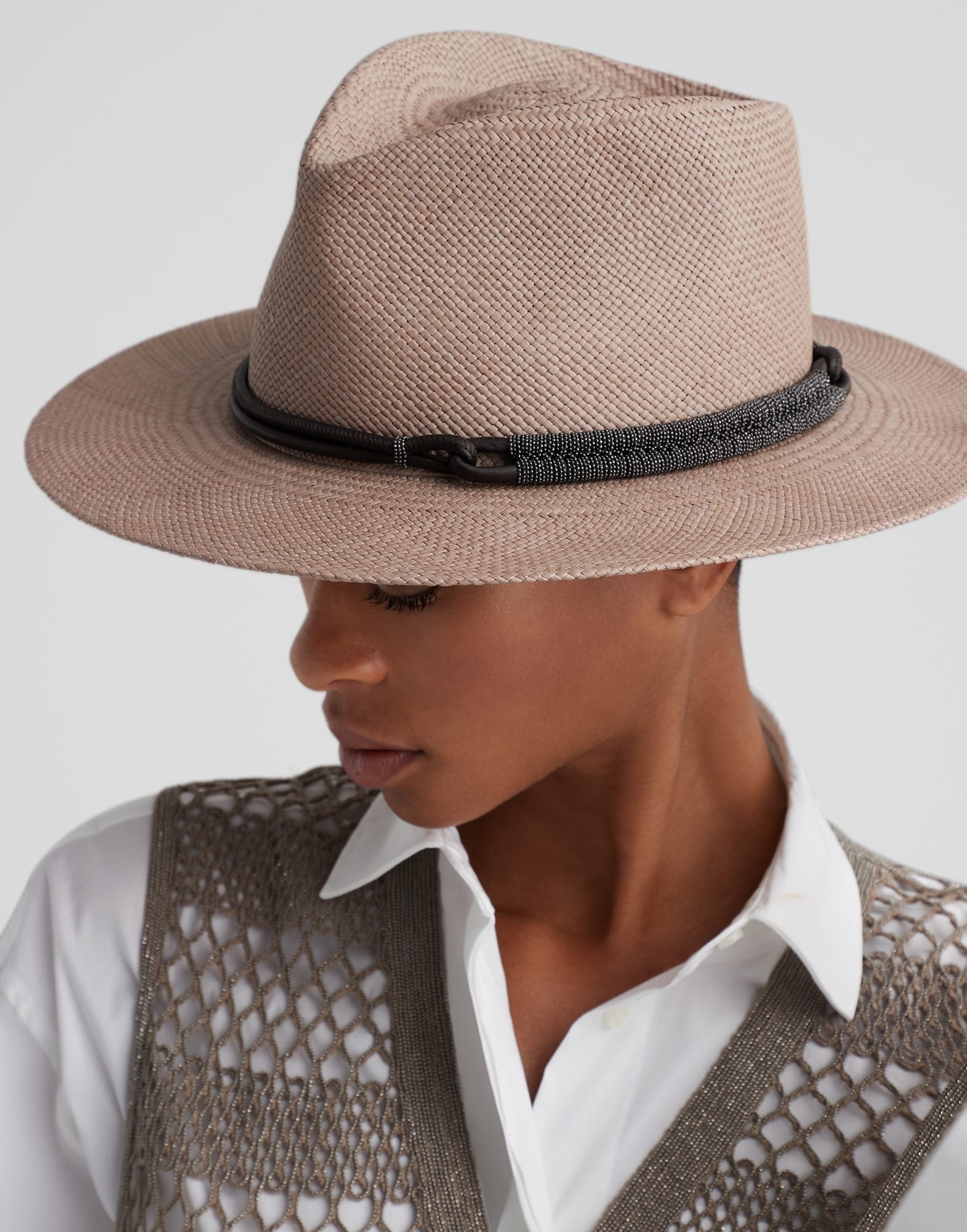 Straw fedora with leather and monili band - 3