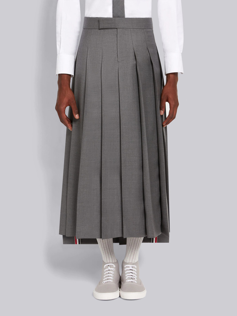 Medium Grey Super 120's Wool Twill Pleated Backstrap Ankle Length Skirt - 1