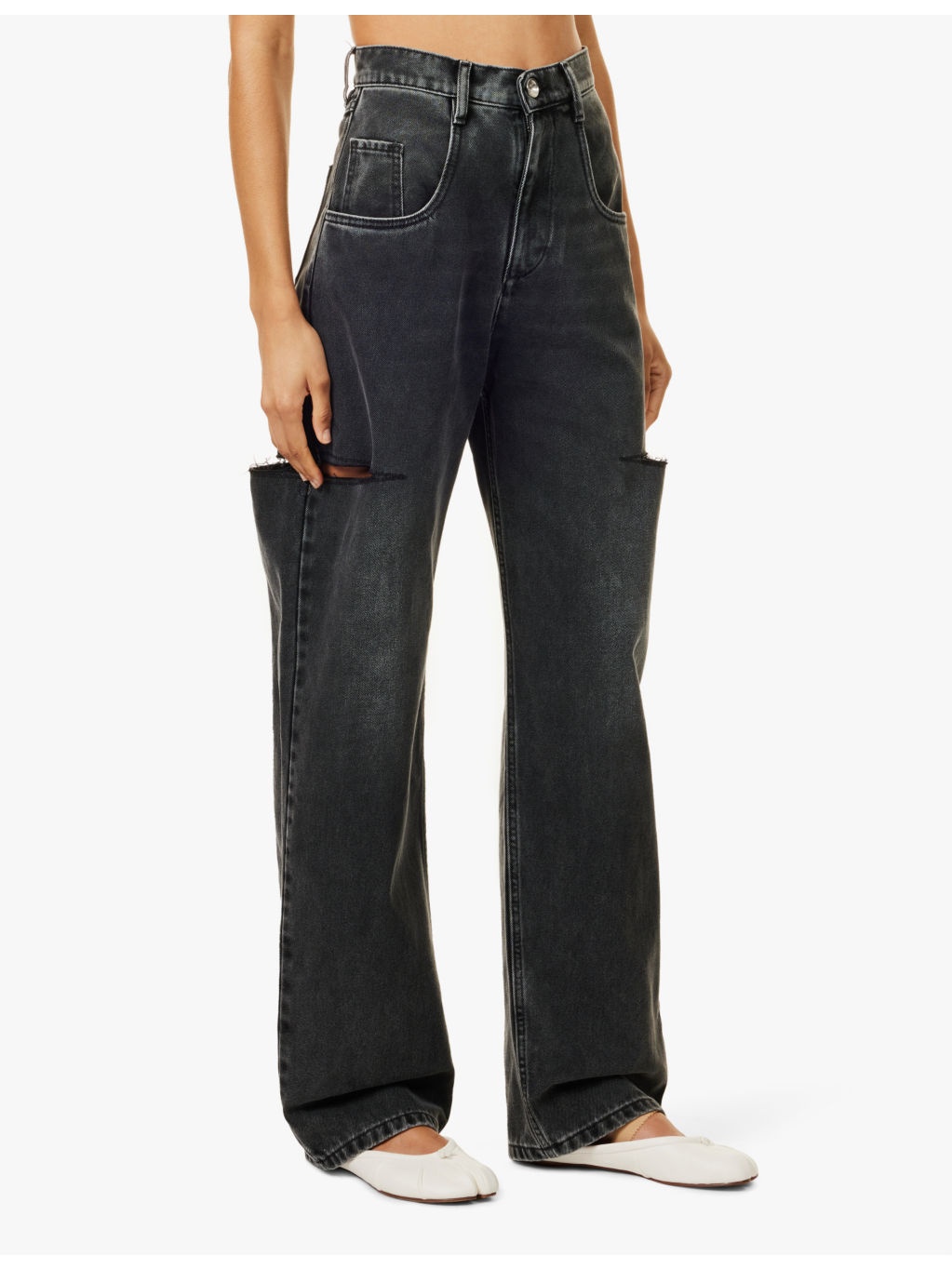 Slashed faded-wash wide-leg mid-rise jeans - 3