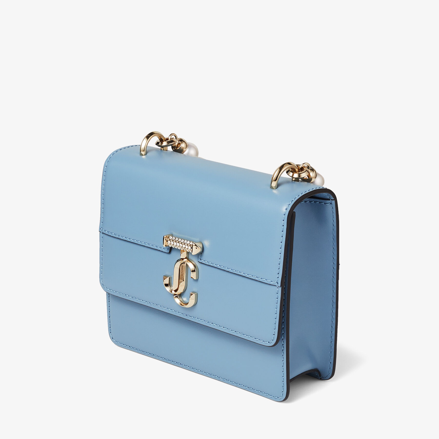 JIMMY CHOO Varenne Quad XS Smoky Blue Box Leather Shoulder Bag with Pearl Strap REVERSIBLE