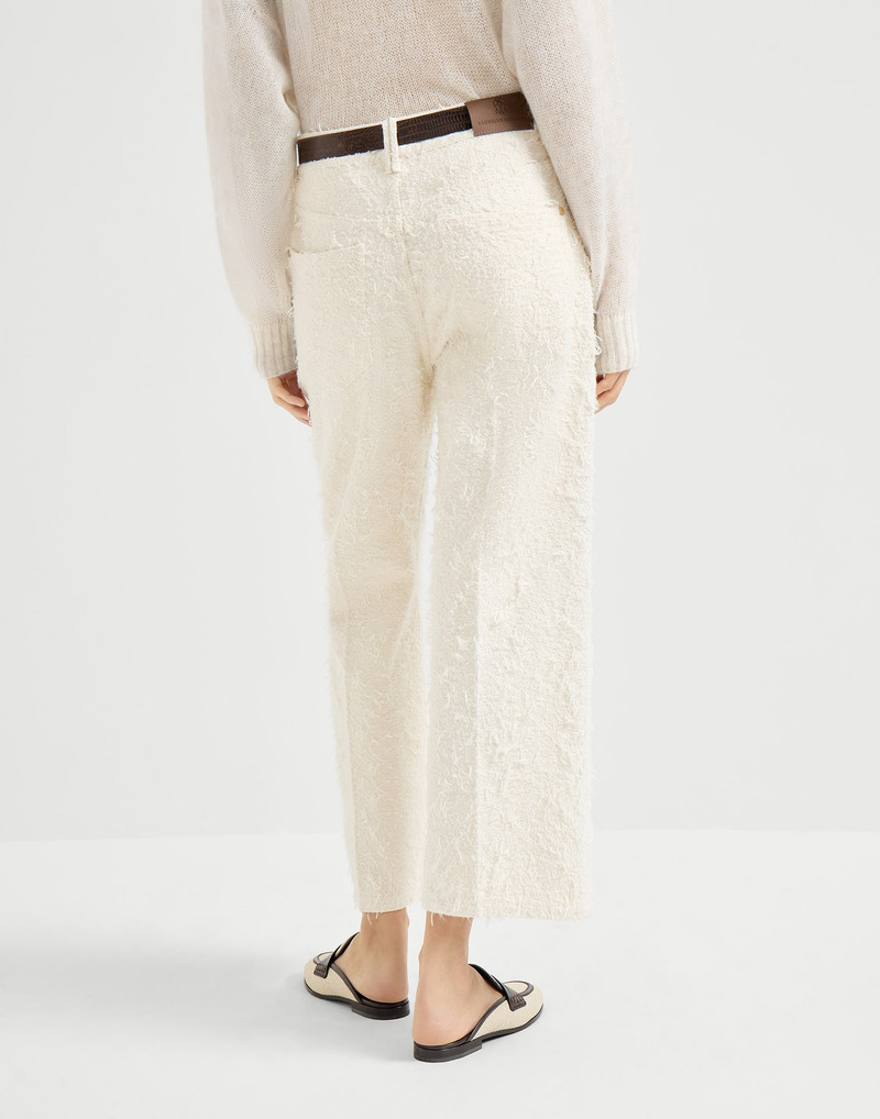 Brunello Cucinelli Fuzzy dyed denim contemporary square trousers with monili outlook