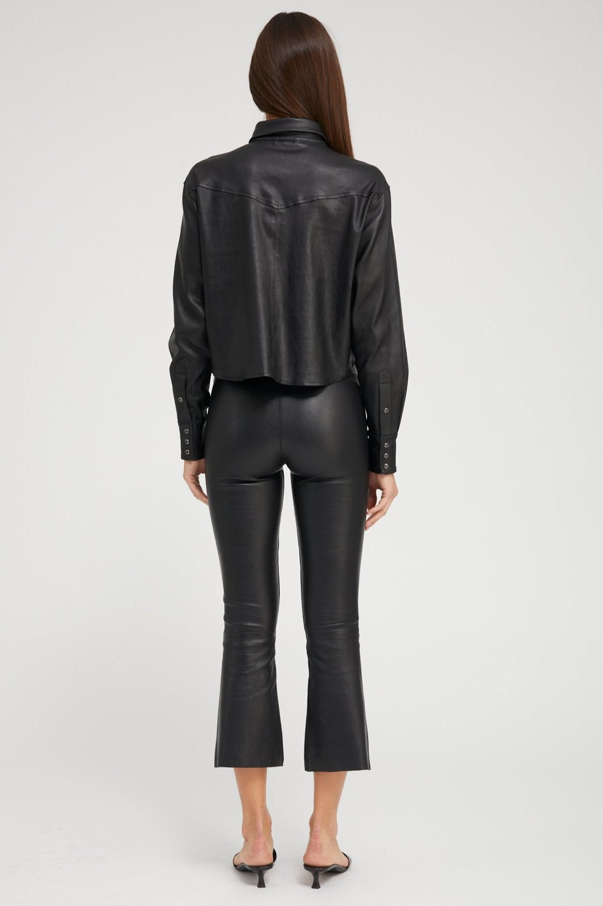 BLACK LEATHER CROPPED WESTERN BUTTON DOWN - 4