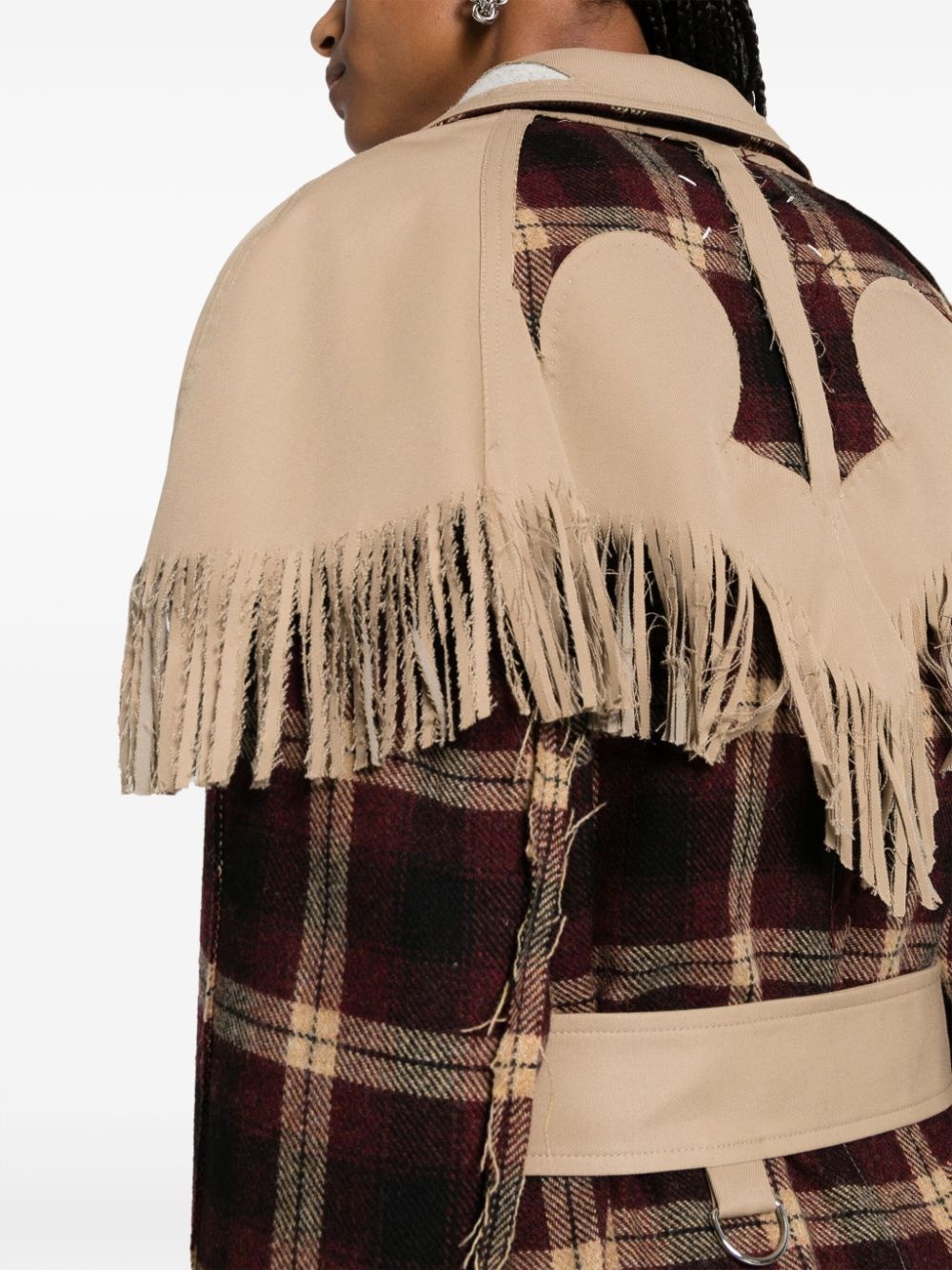 check-pattern fringed wool coat - 5