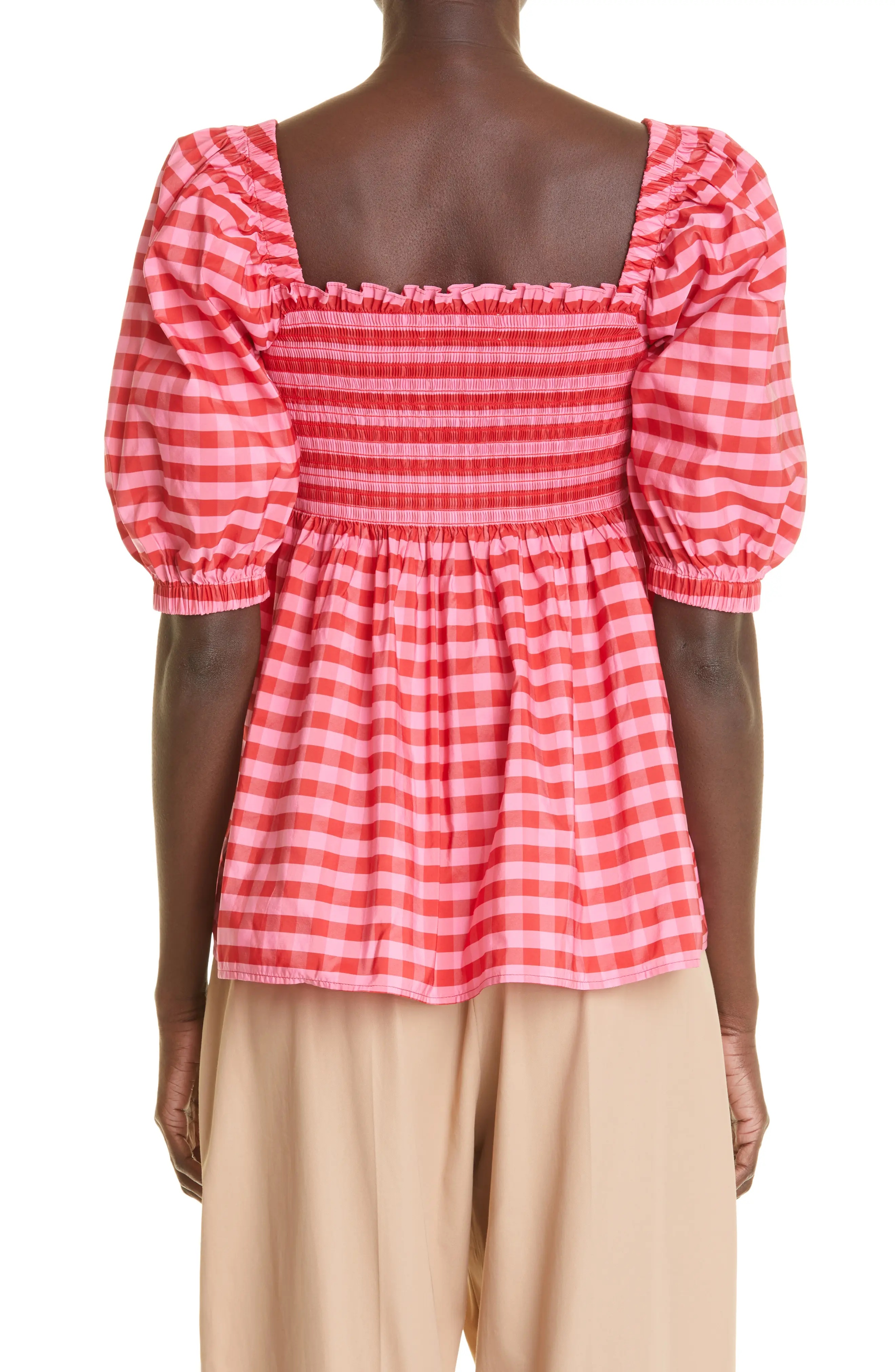 Women's Axel Gingham Smocked Taffeta Top in Pink/Red - 2