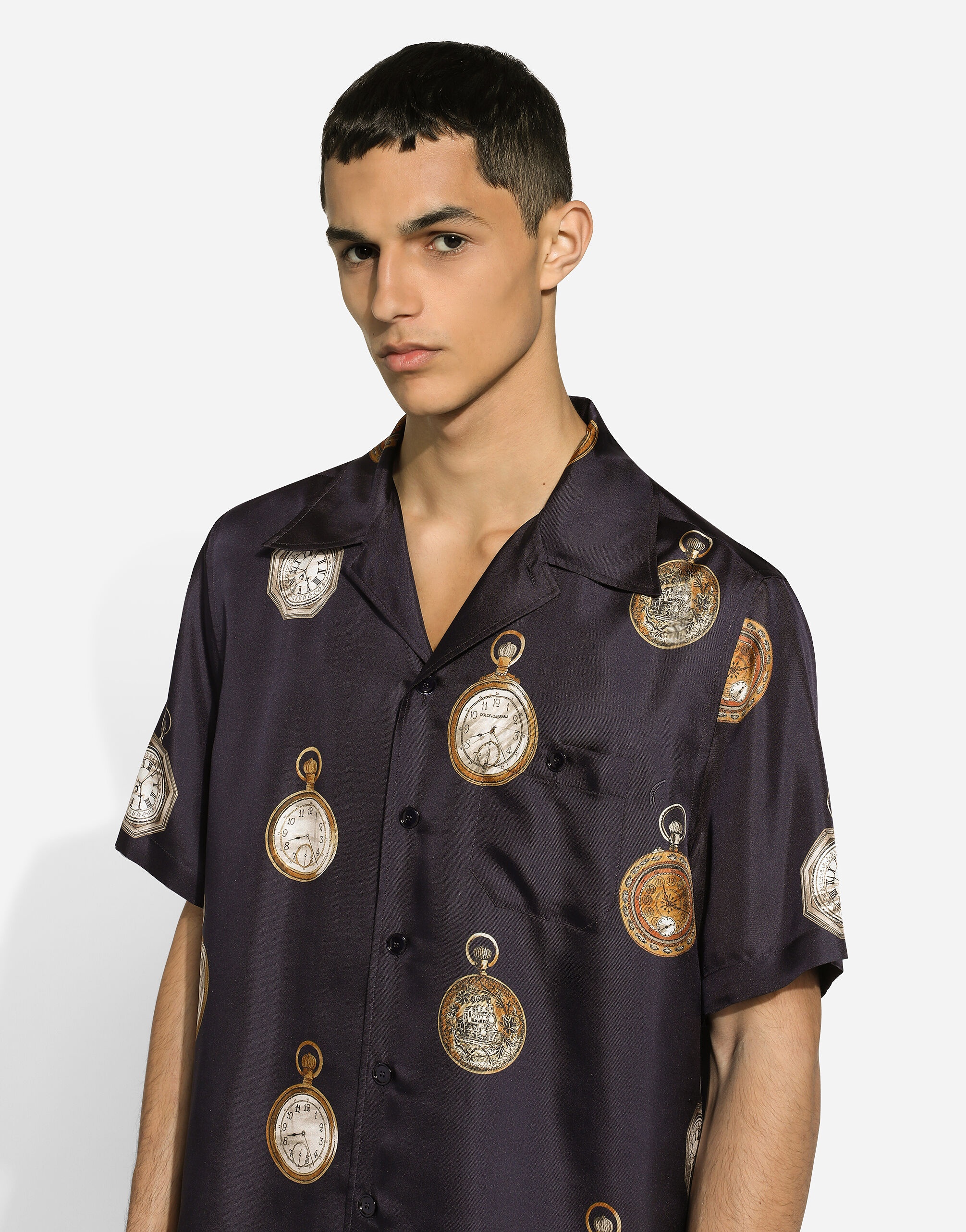 Silk twill Hawaiian shirt with watch print - 4