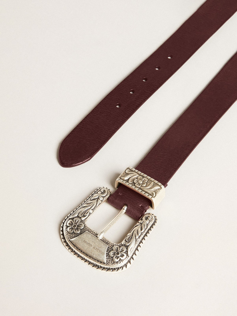 Golden Goose Women’s belt in burgundy leather with decorated silver buckle outlook