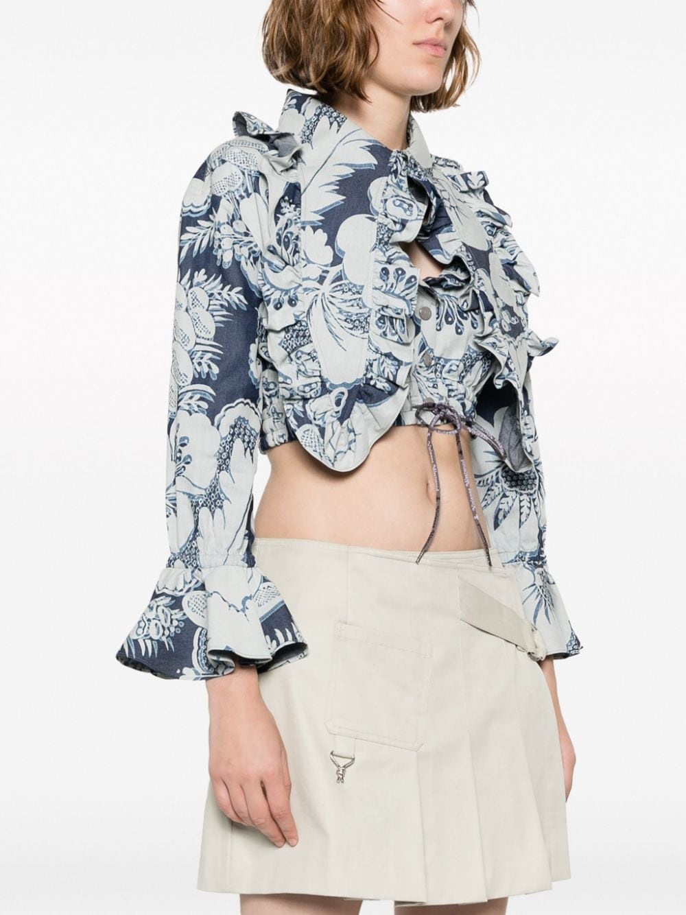 floral-print ruffled cropped blouse - 3