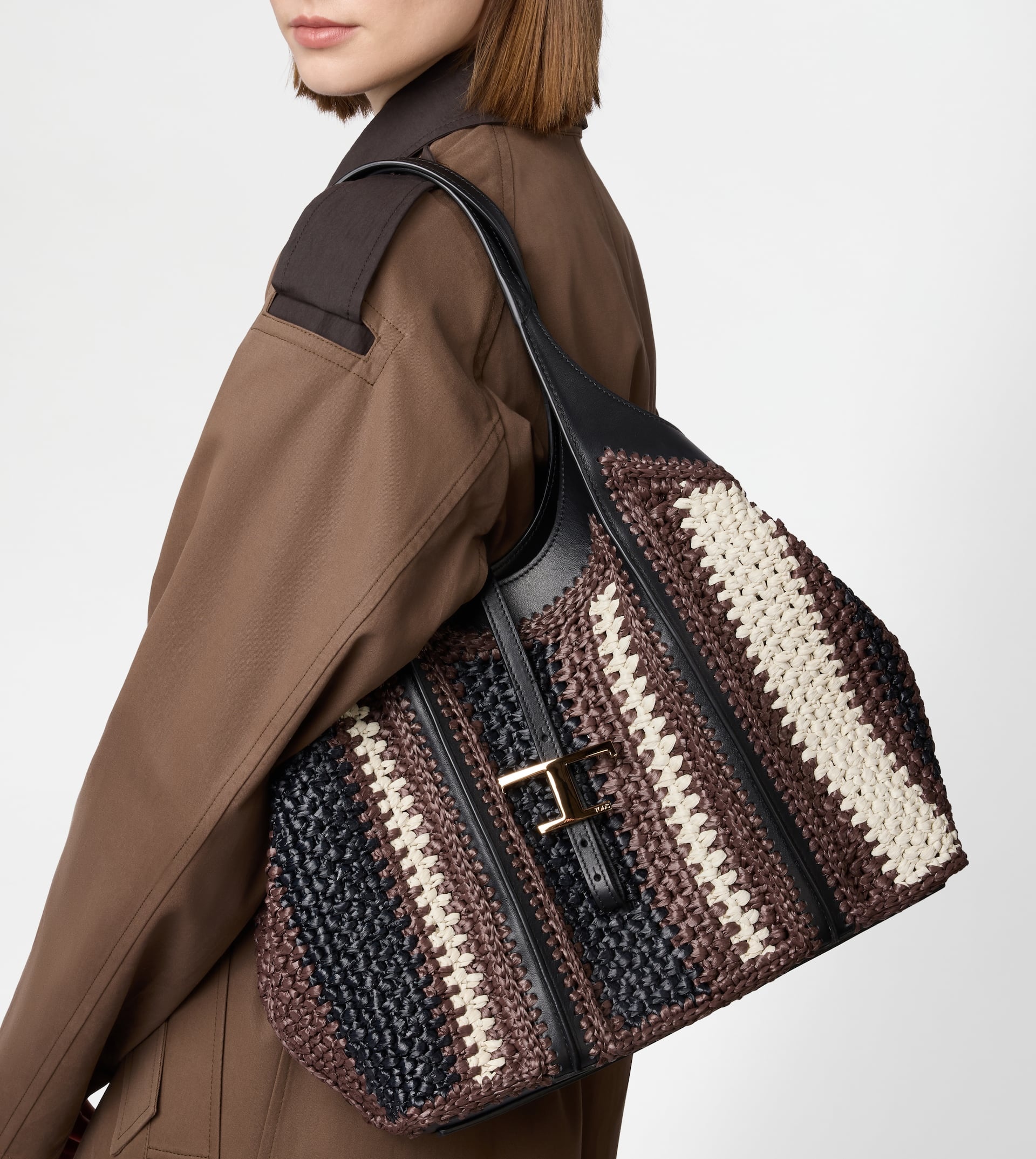 T TIMELESS SHOPPING BAG IN RAFFIA AND LEATHER MEDIUM - BLACK, BROWN, WHITE - 6