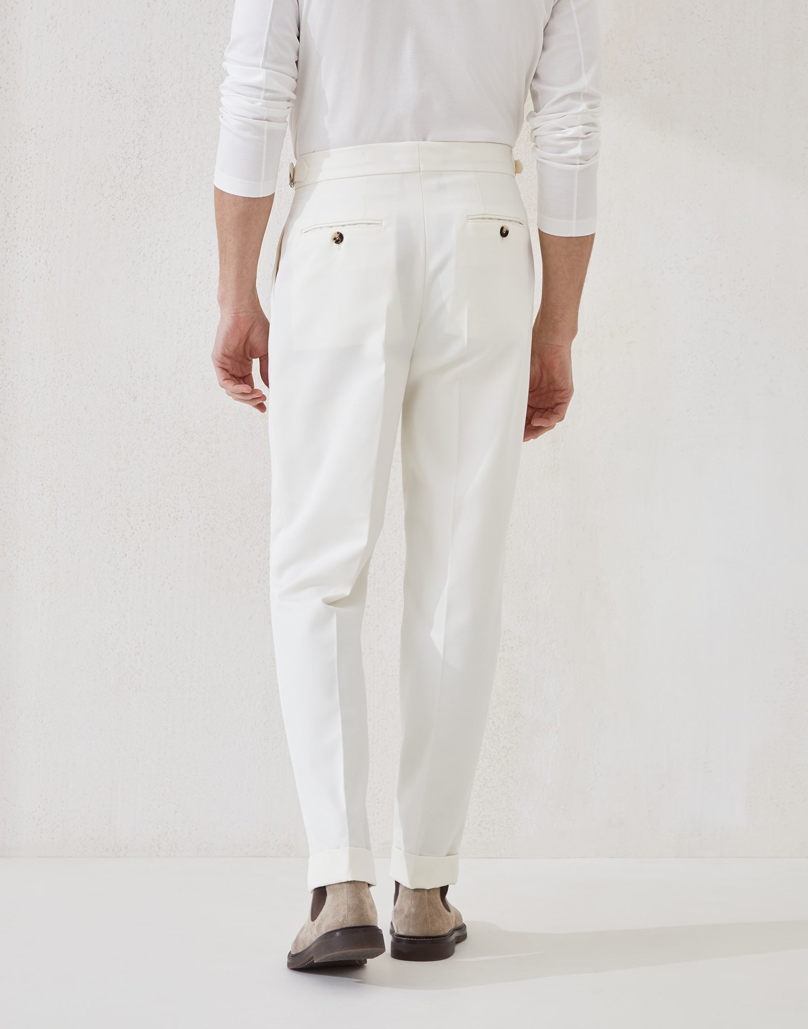 Cotton and virgin wool gabardine tailor fit trousers with reversed double pleats and waist tabs - 2