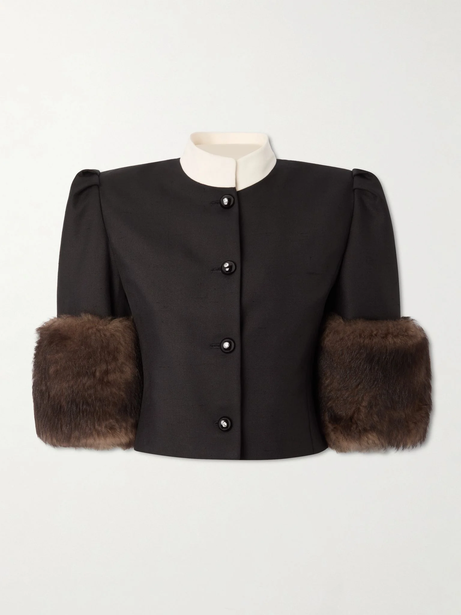 Cropped shearling-trimmed embellished silk jacket Black - 1