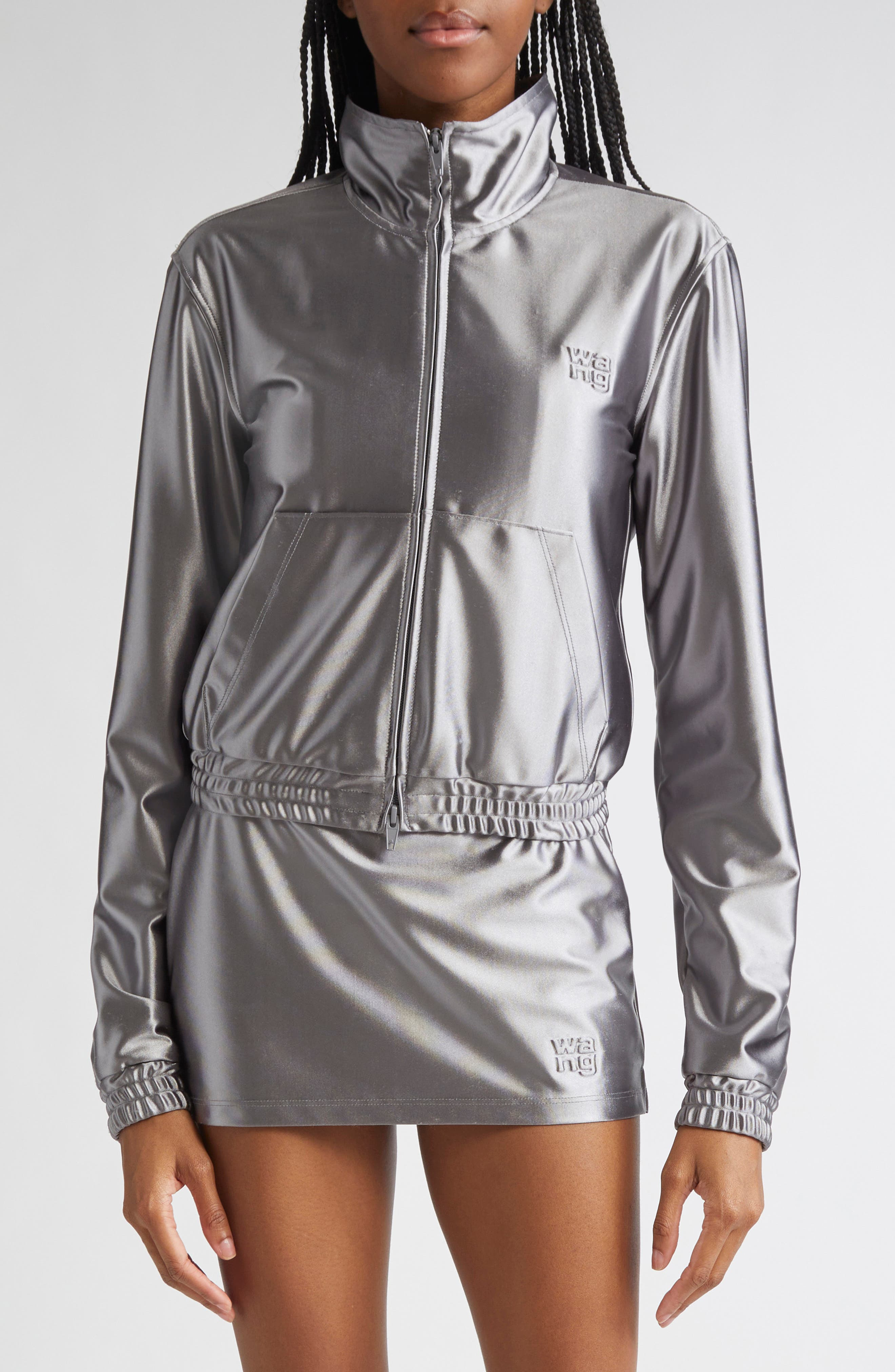 Alexander Wang Shrunken Metallic Faille Jacket in Alloy at Nordstrom - 1